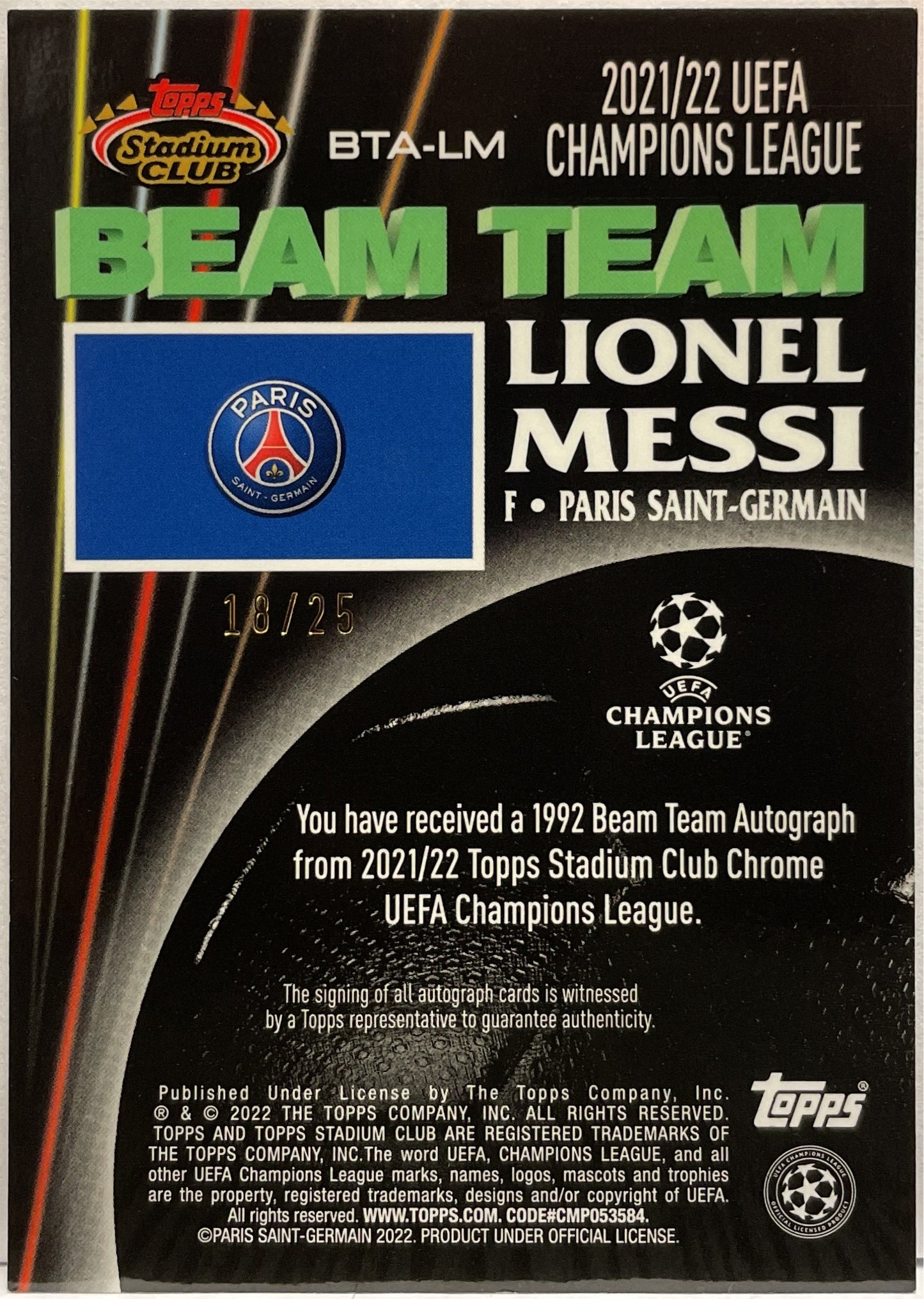 Lionel Messi 18/25 Autograph Beam Team Orange Topps Stadium Chrome 2021/22