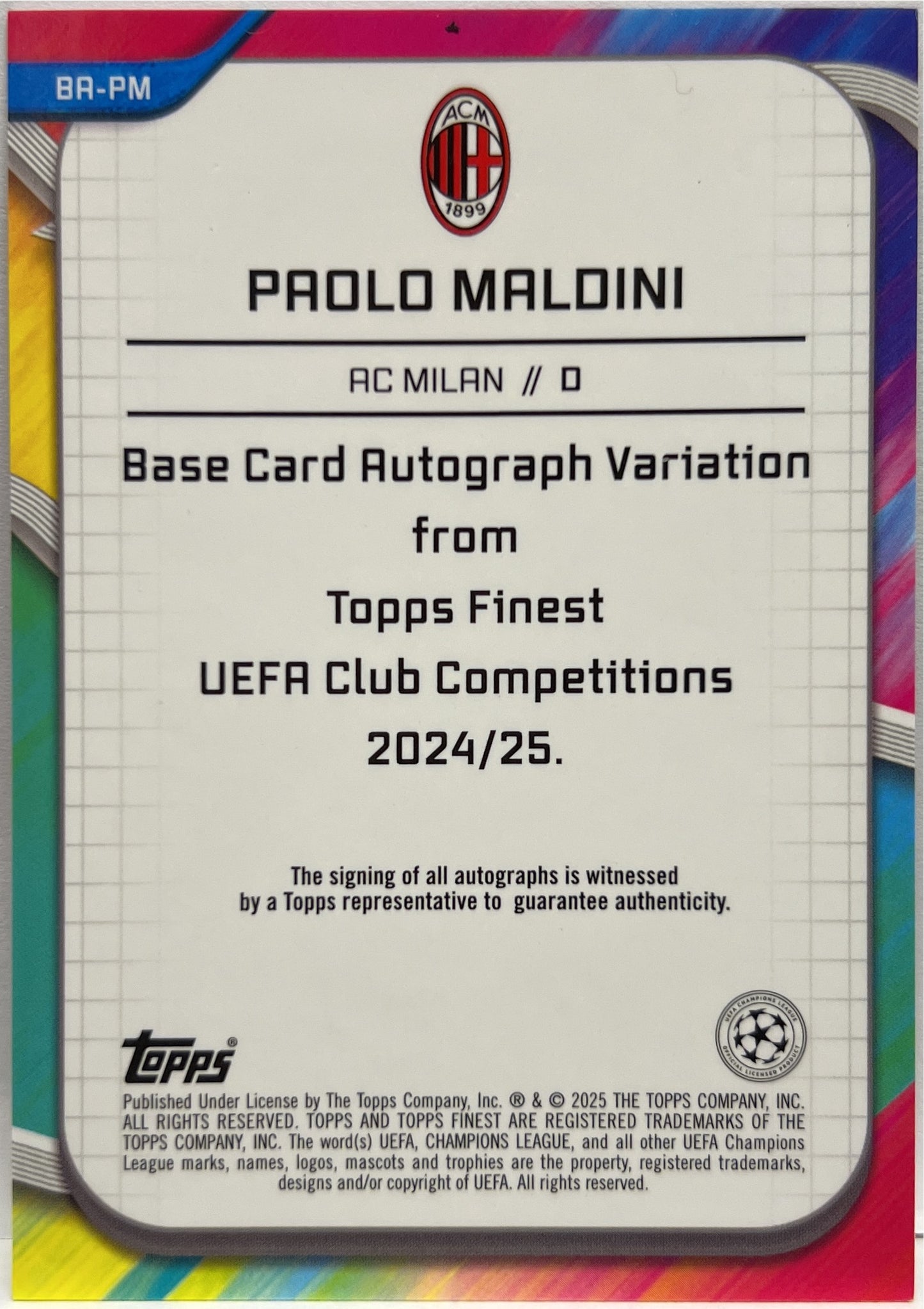 Paolo Maldini 33/75 Autograph Magenta Topps FInest UCC 2024/25
