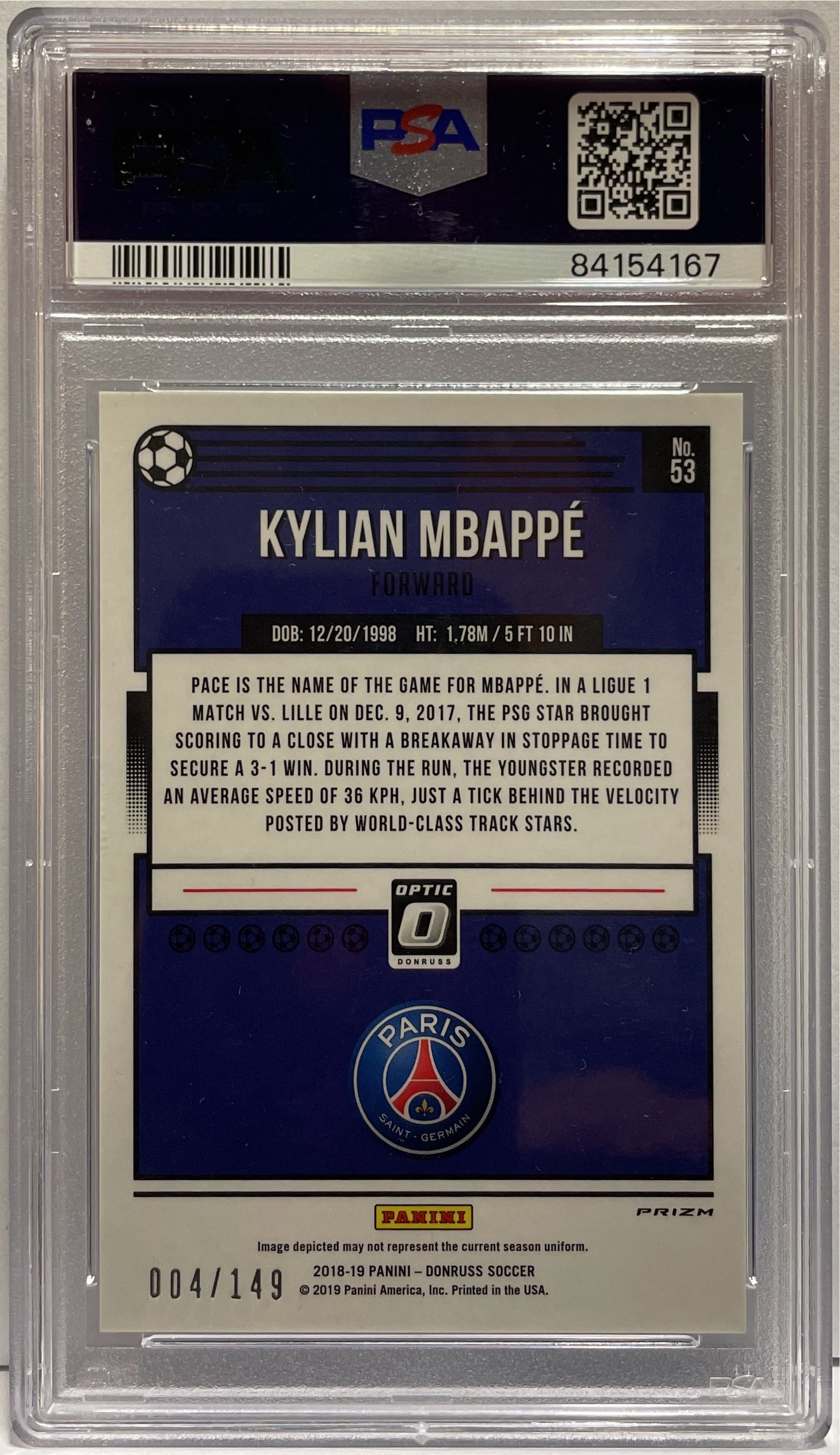 Kylian Mbappe 4/149 Optic Aqua Panini Donruss Fifa 2018/19 PSA 10