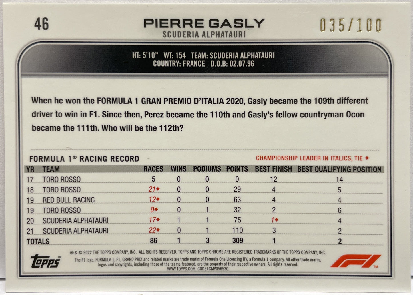 Pierre Gasly 35/100 Topps Chrome F1 2022
