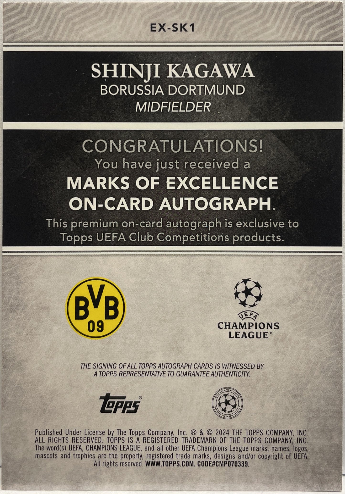 Shinji Kagawa 42/99 Autograph On Card Marks Of Excellence Green Topps Finest UCC 2023/24