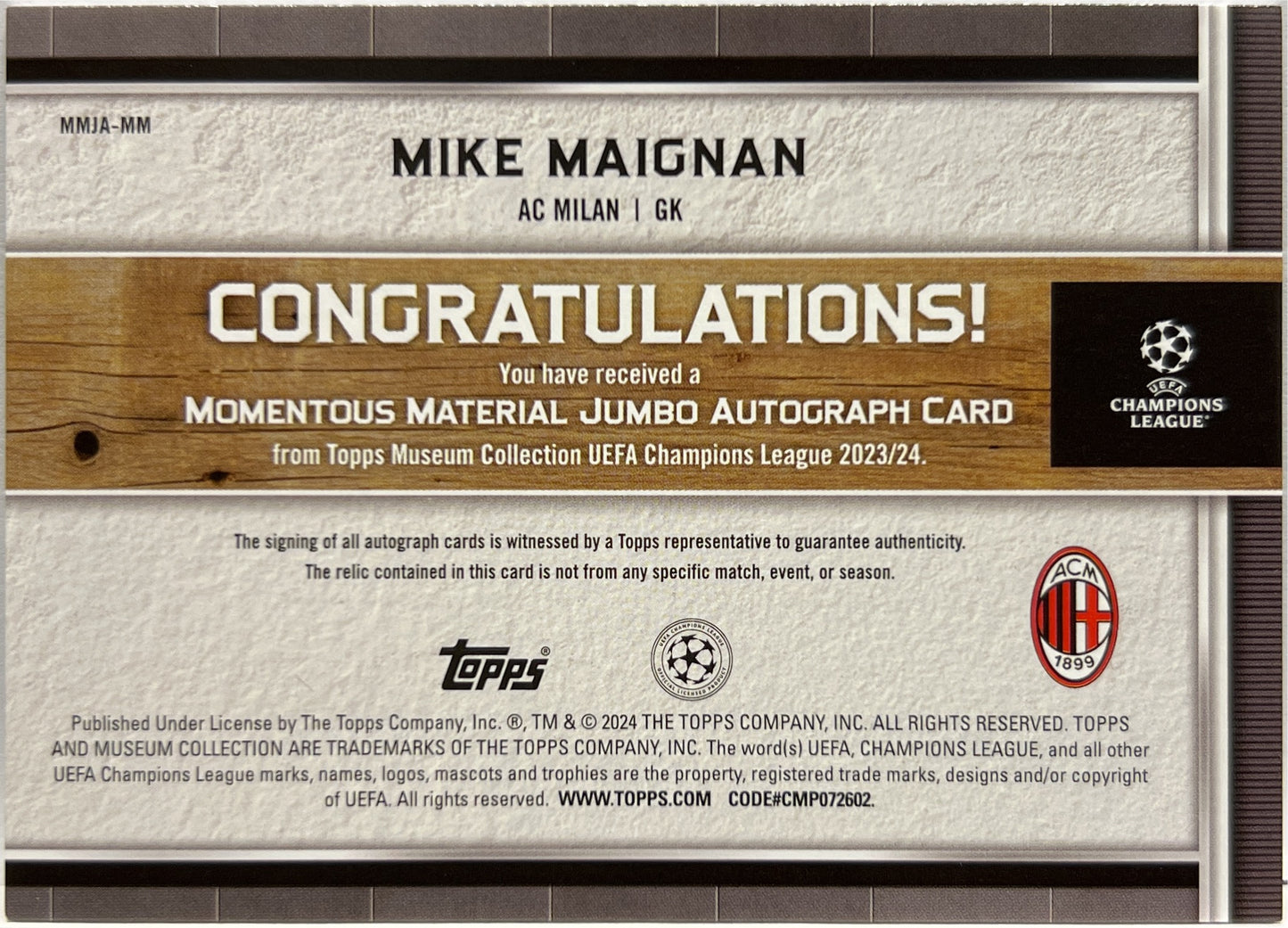 Mike Maignan 34/99 Patch Autograph Momentous Material Topps Museum 2023/24