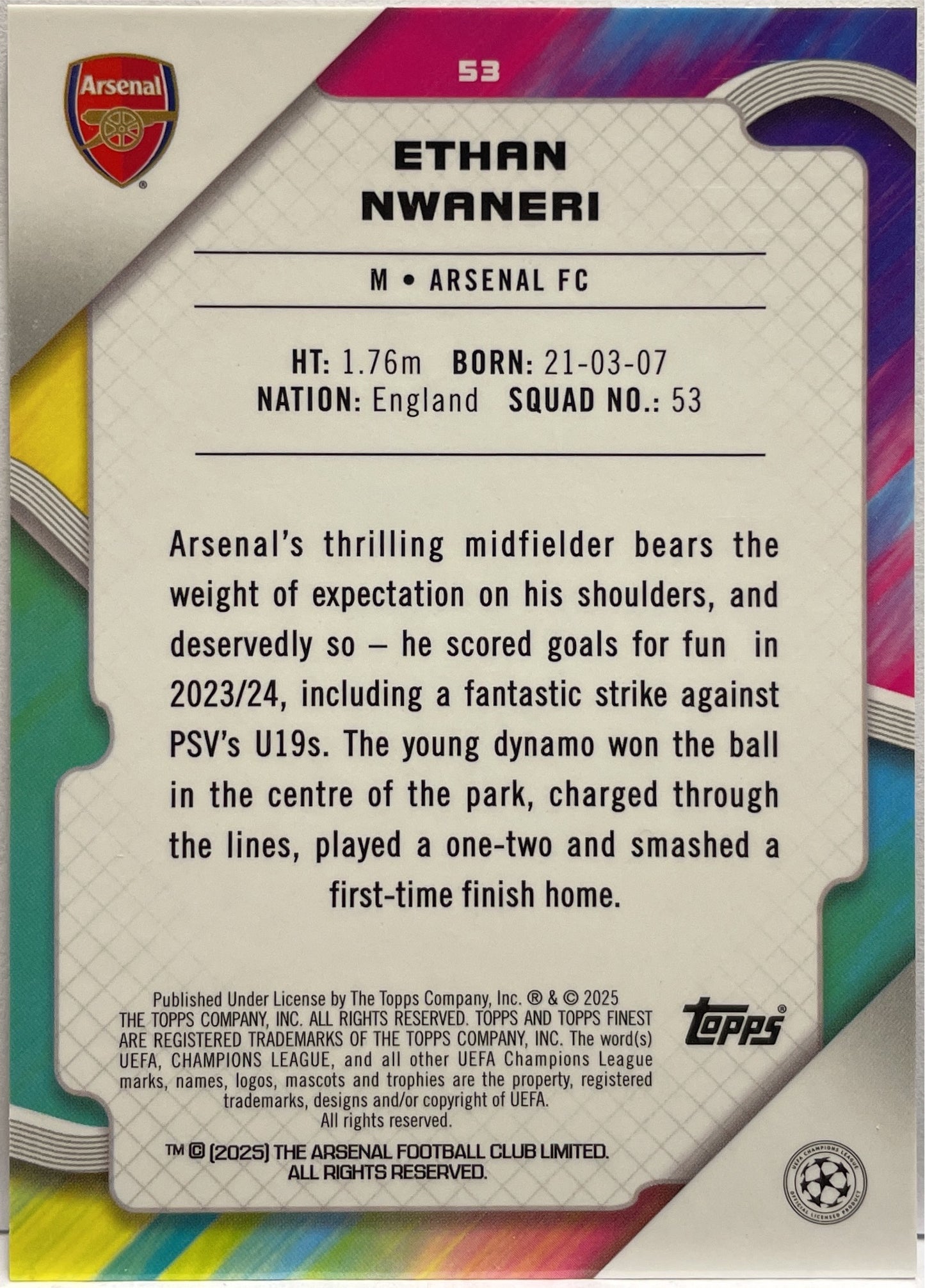 Ethan Nwaneri 40/199 Rookie Purple Lava Topps Finest UCC 2024/25