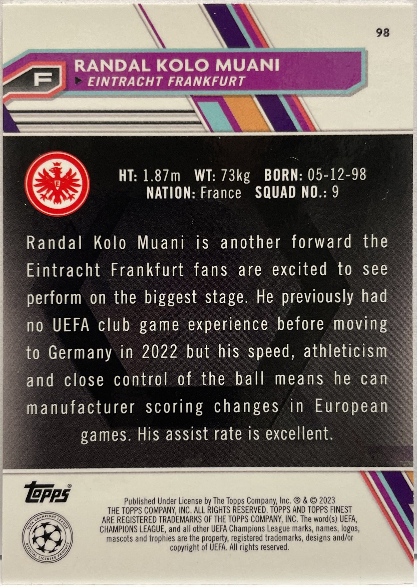 Randal Kolo Muani 50/250 Rookie Blue Topps Finest UCC 2022/23