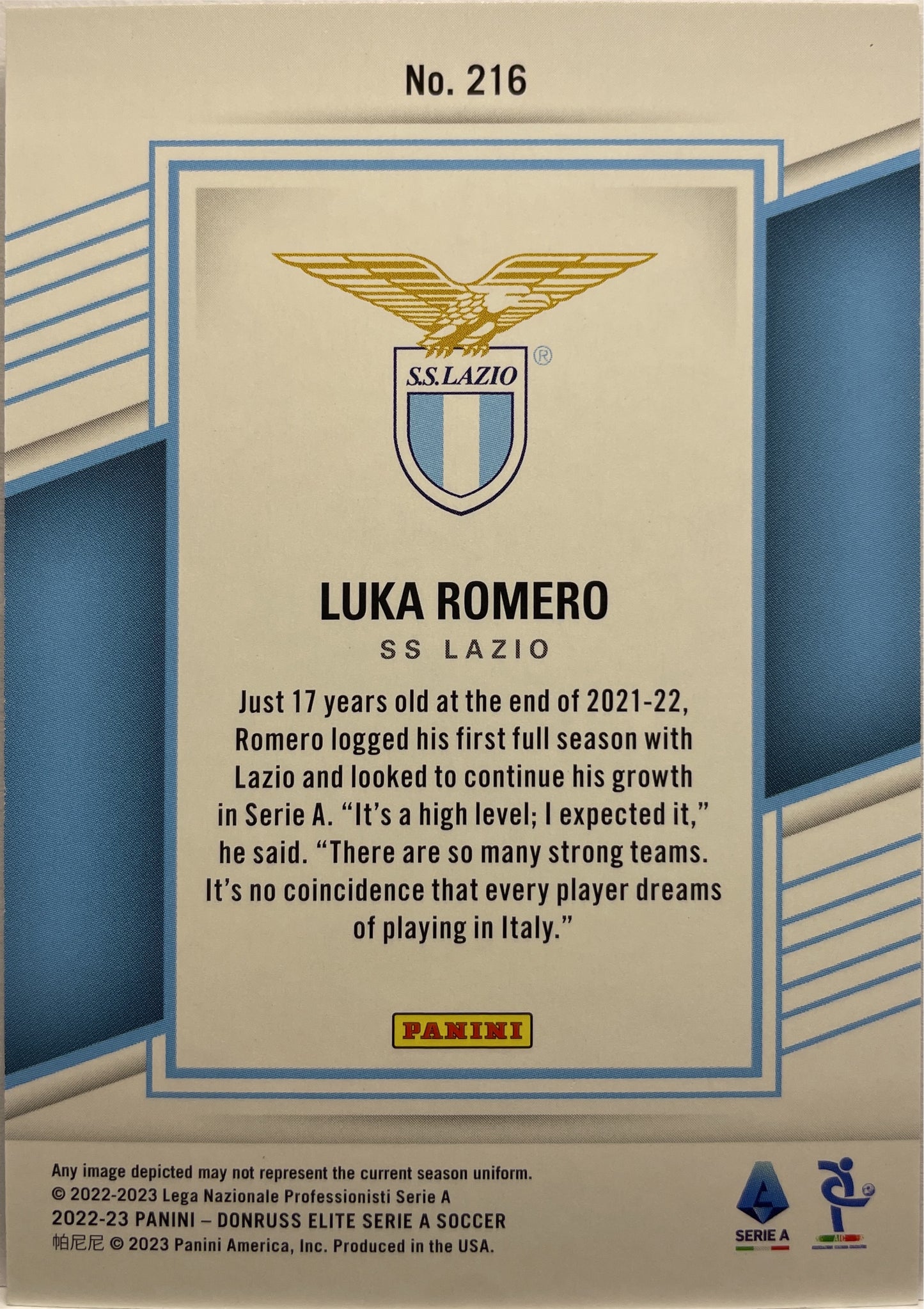 Luka Romero 22/25 Rookie Pink Donruss Elite Serie A 2022/23