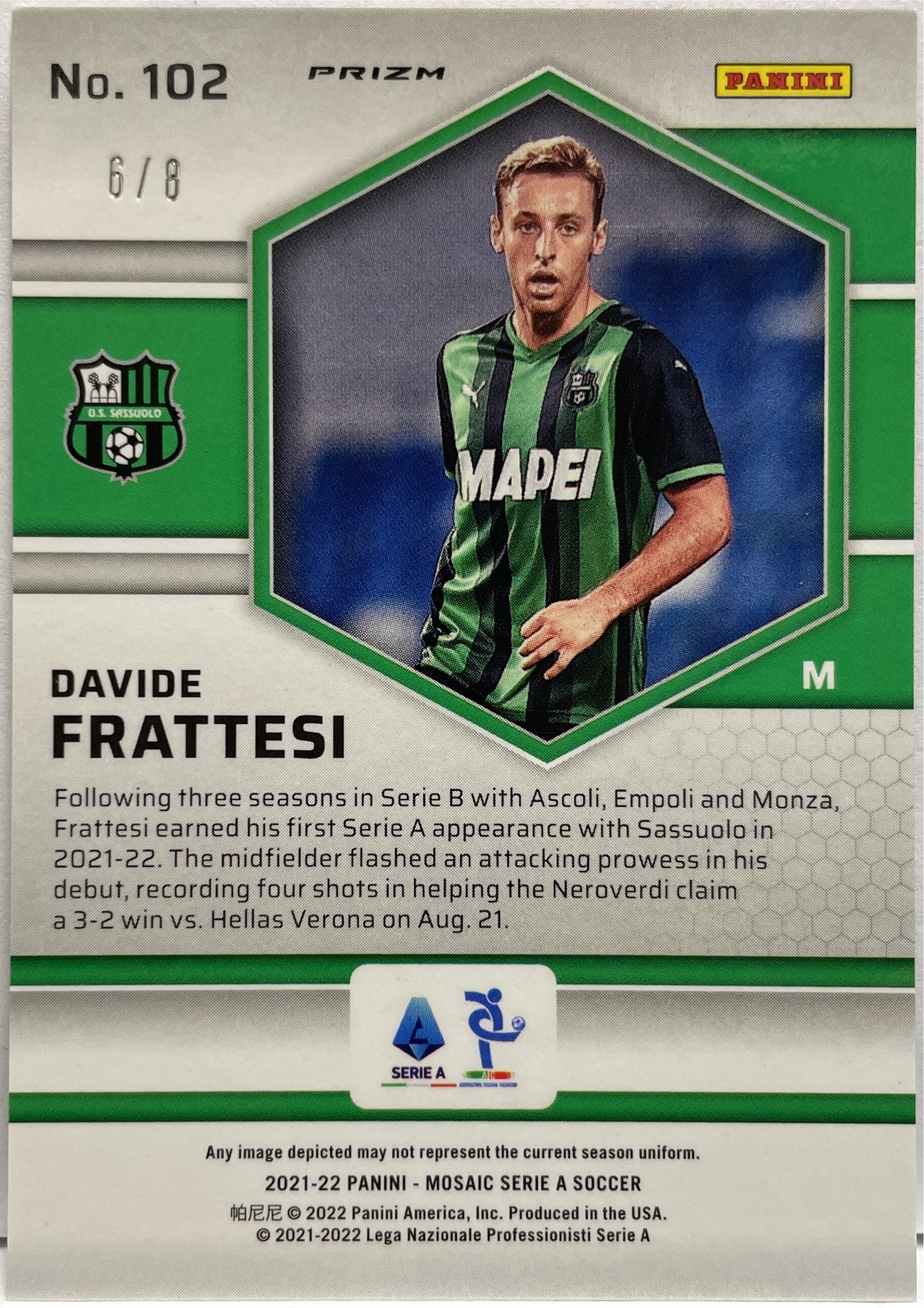 Davide Frattesi 6/8 Rookie Black Gold Panini Mosaic Serie A 2021/22