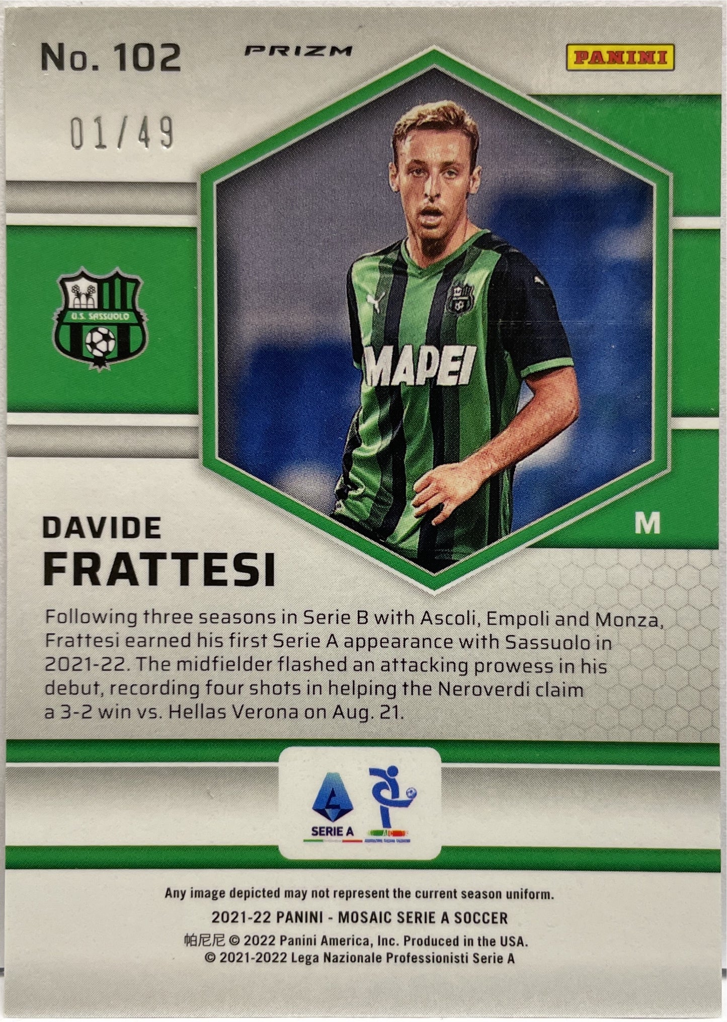 Davide Frattesi 1/49 Rookie Purple Panini Mosaic Serie A 2021/22