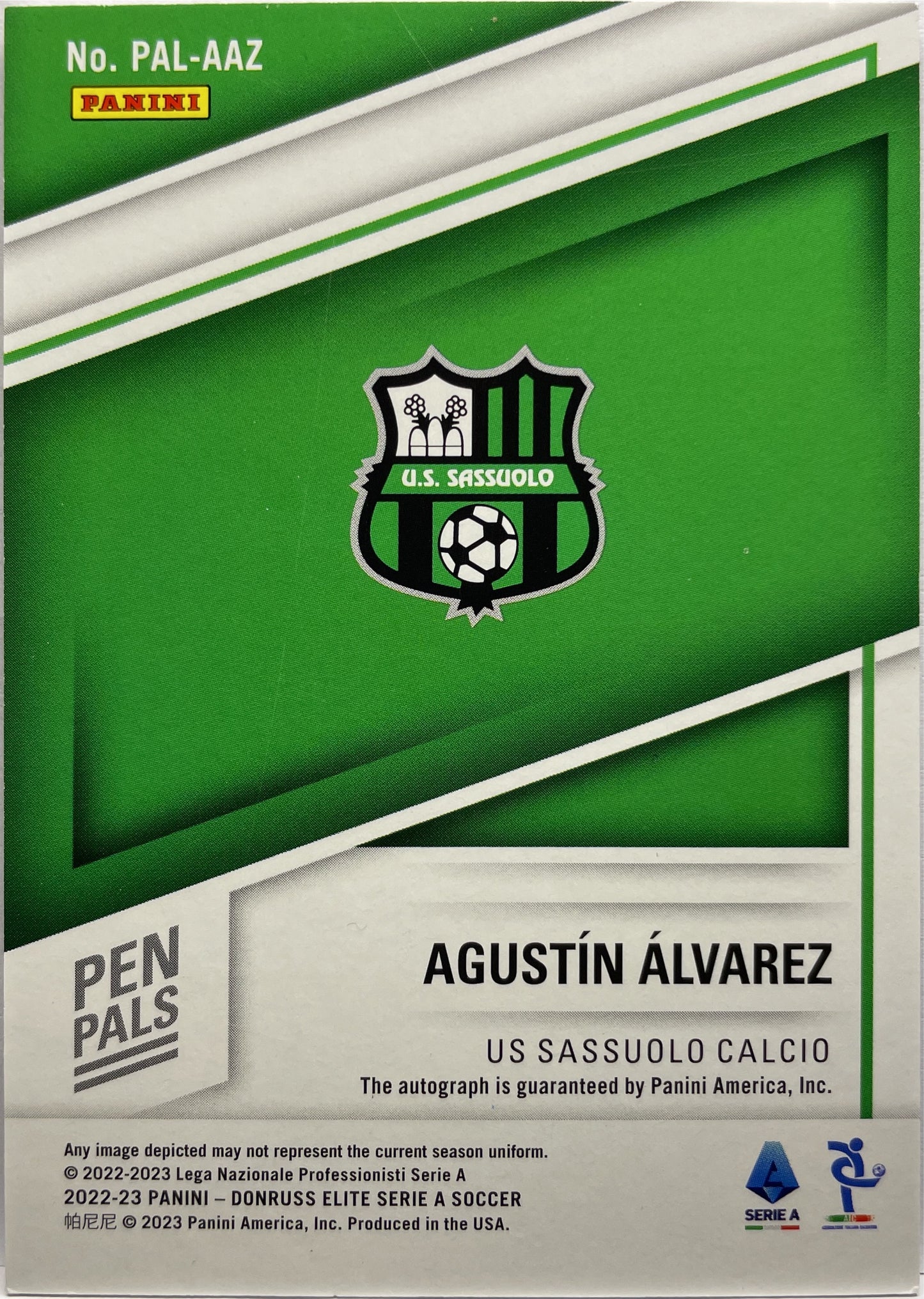 Agustin Alvarez 71/199 Rookie Autograph Pen Pals Donruss Elite Serie A 2022/23