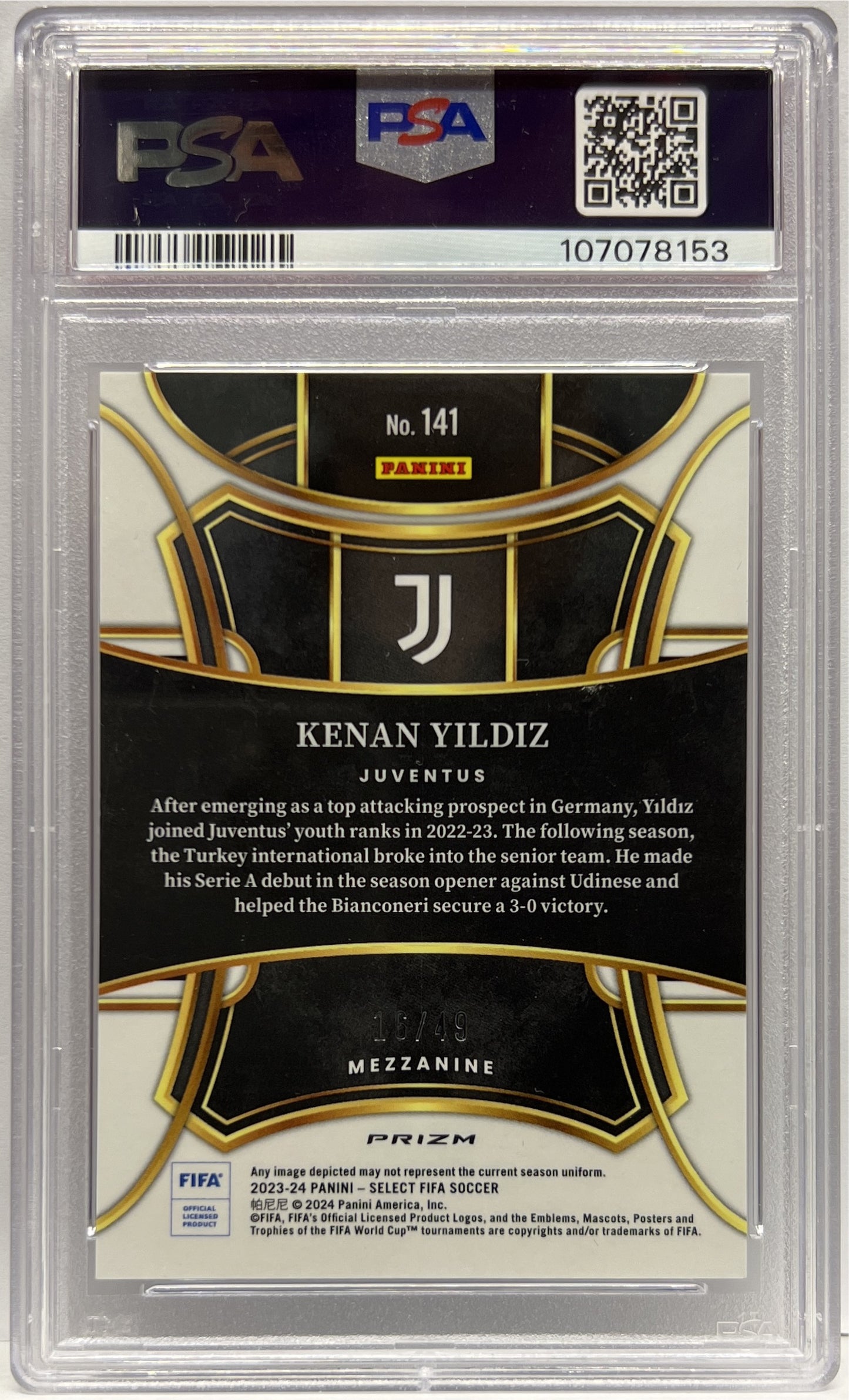 Kenan Yildiz 16/49 Rookie Mezzanine Orange Select Fifa 2023/24 PSA 9