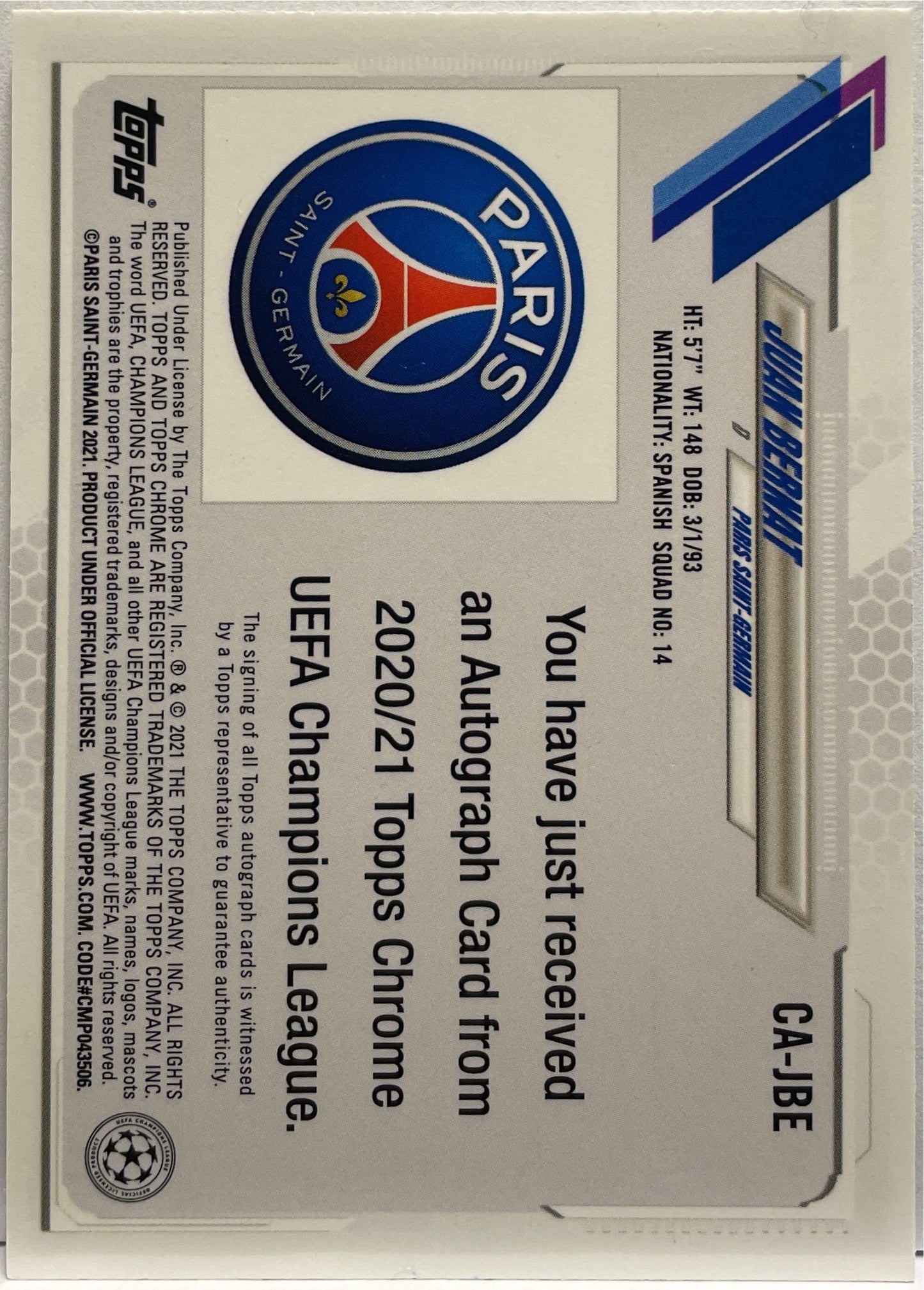 Juan Bernat Autograph Topps Chrome UCL 2020/21