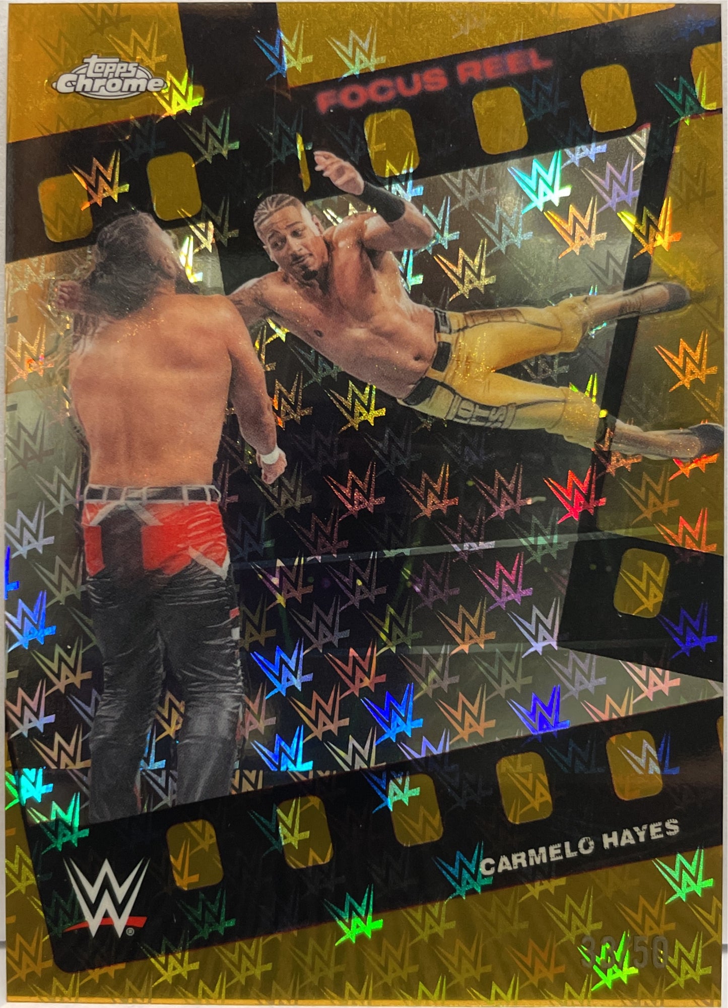 Carmelo Hayes 33/50 Focus Reel Gold Topps Chrome WWE Logofractor 2026