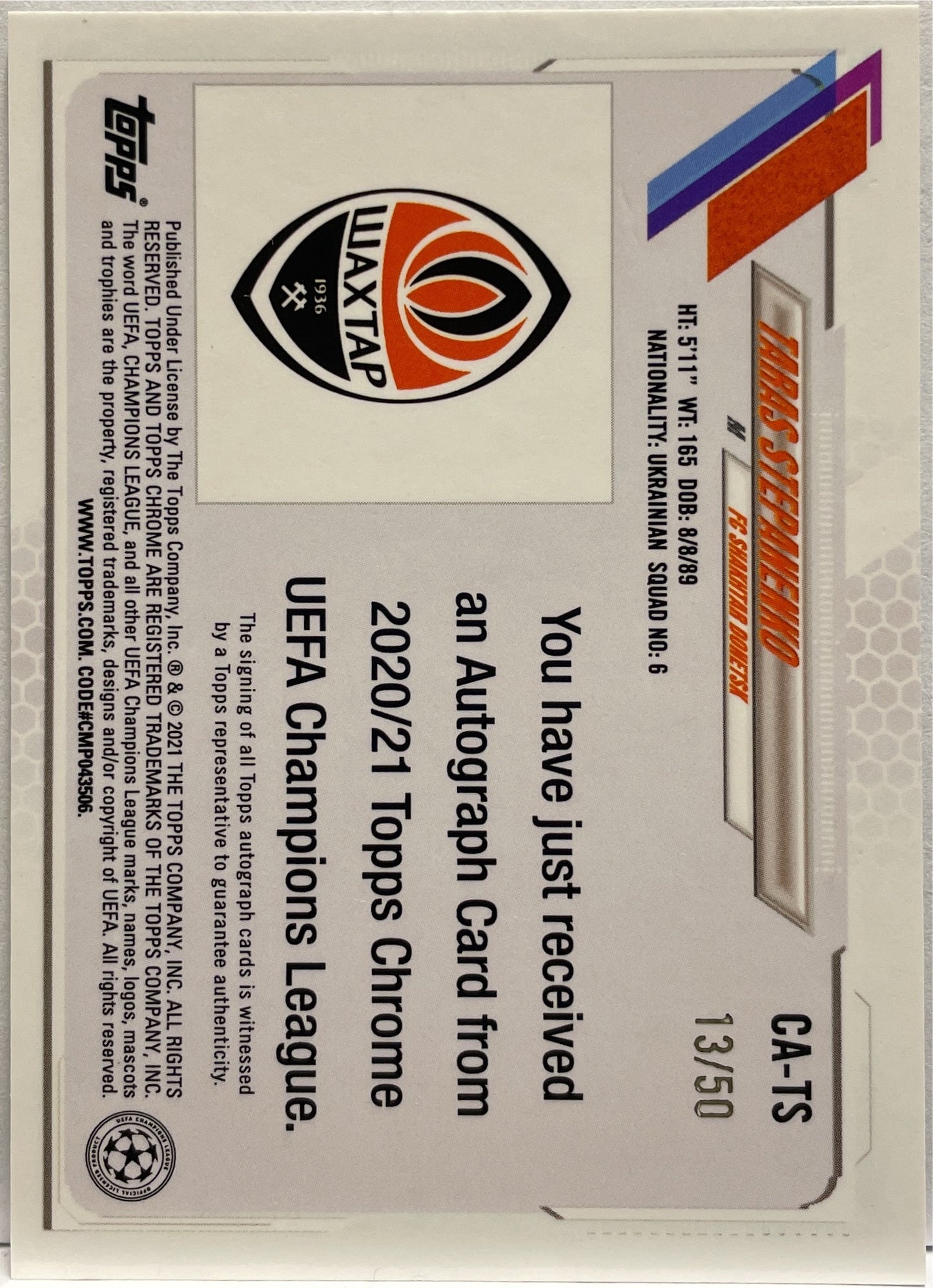 Taras Stepanenko 13/50 Autograph Gold Topps Chrome UCL 2020/21