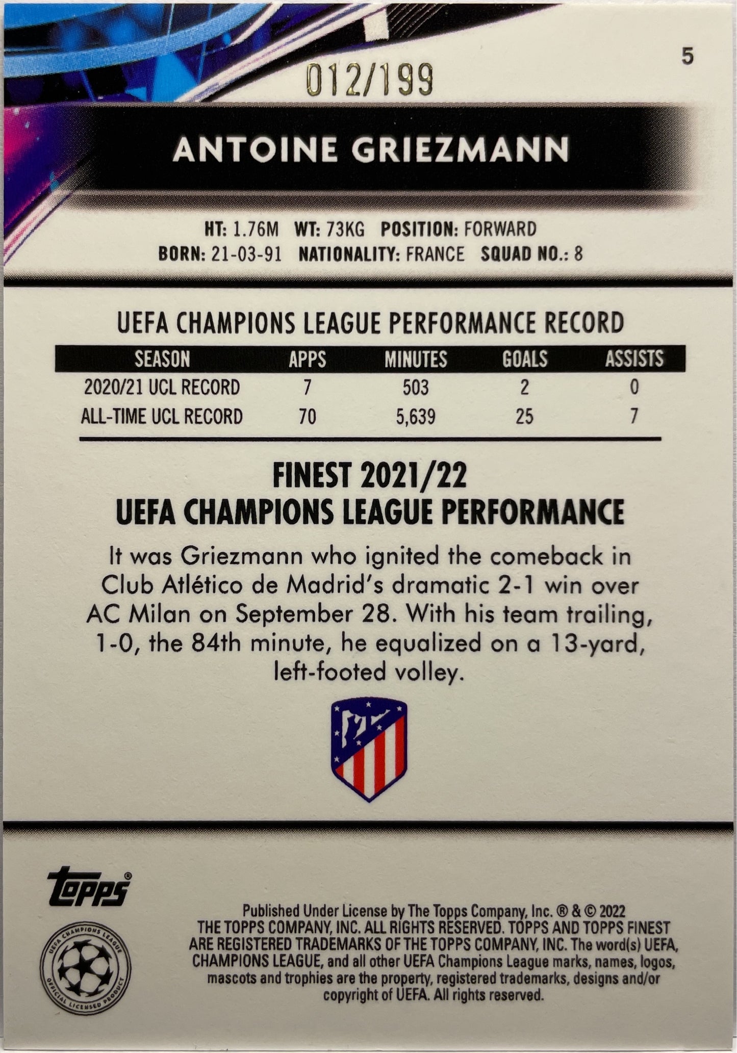 Antoine Griezmann 12/199 Topps Finest UCC 2021/22