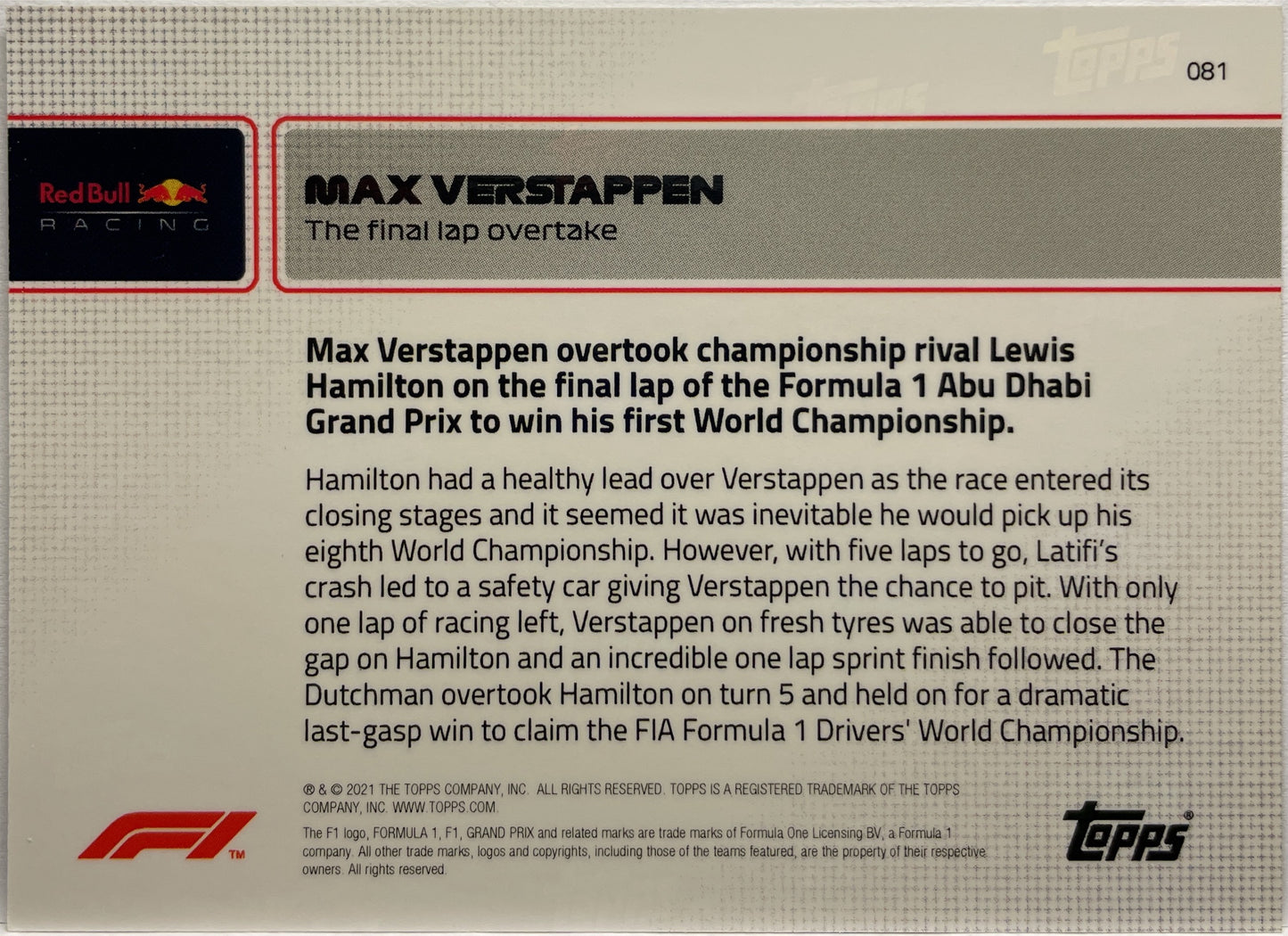 Max Verstappen #81 Topps Now F1 2021