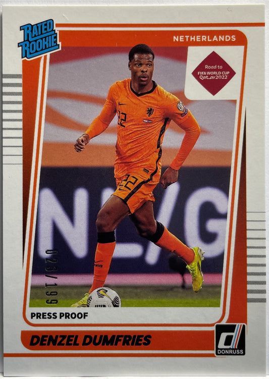 Denzel Dumfries 23/199 Rated Rookie Press Proof Donruss Road To Qatar 2021/22