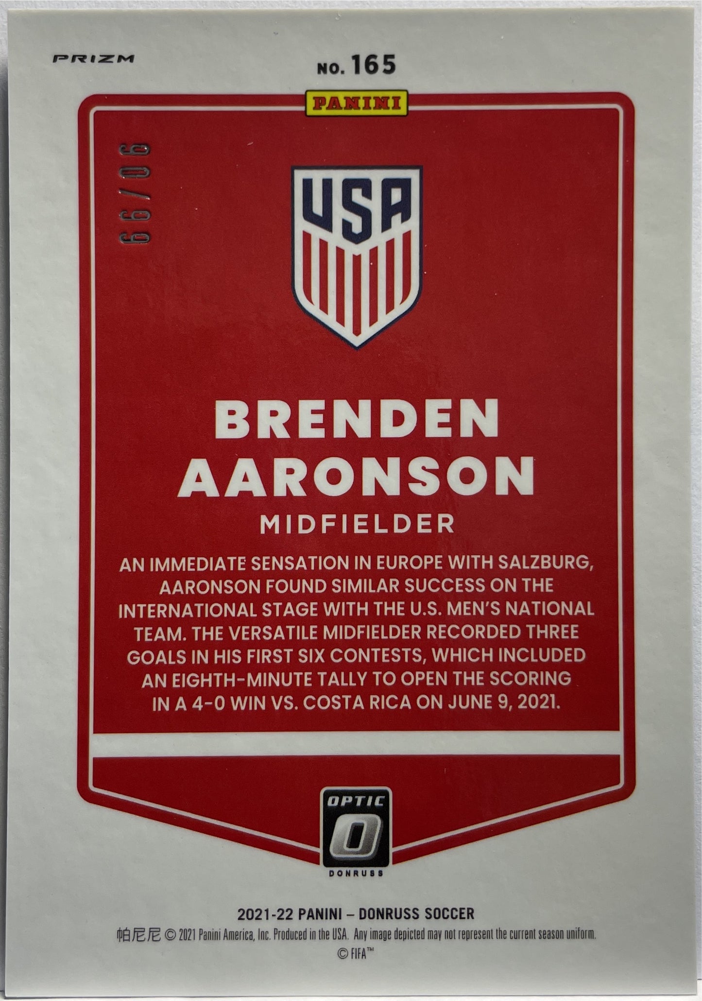 Brenden Aaronson 90/99 Blue Optic Donruss Road To Qatar 2021/22