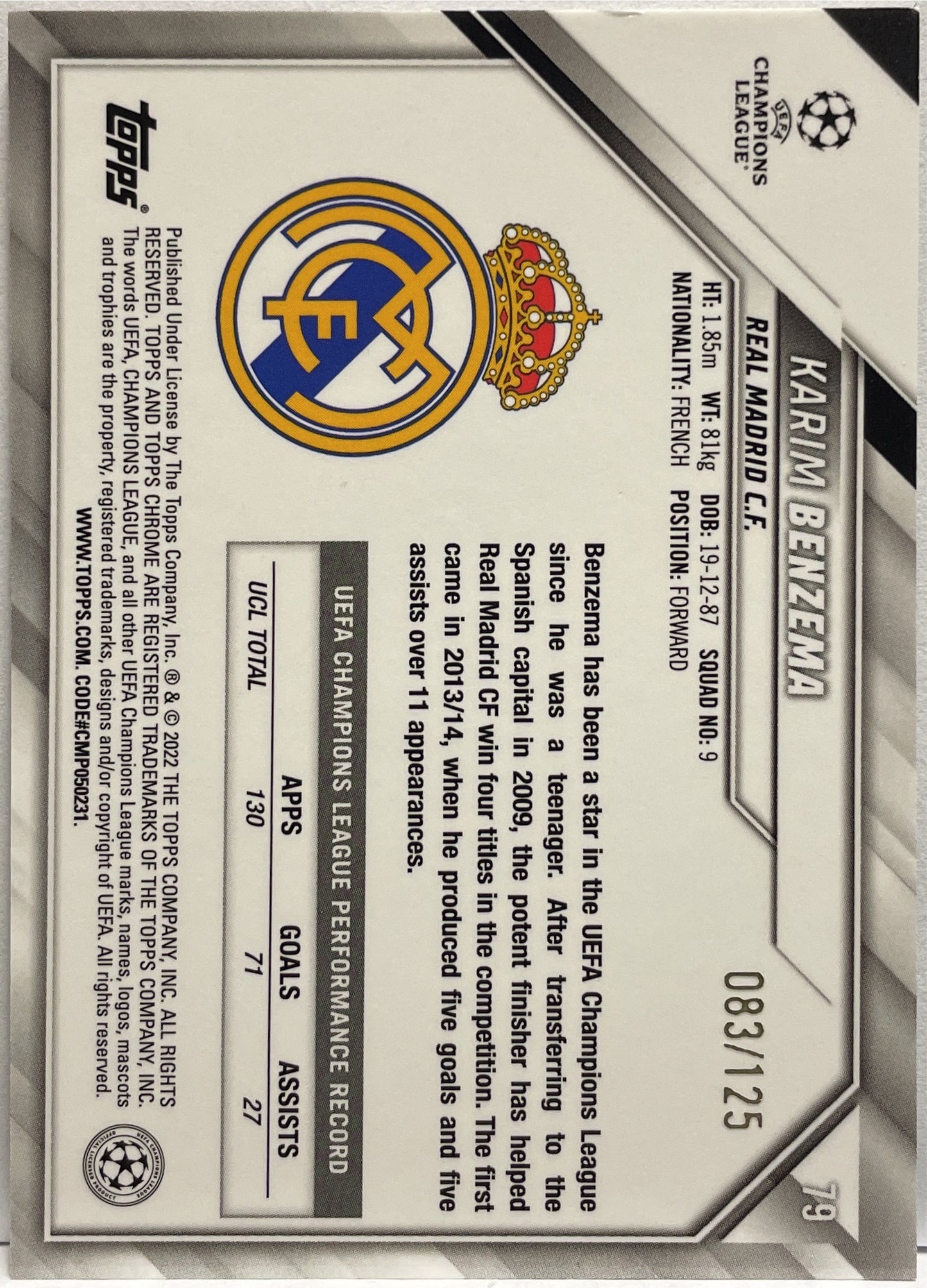 Karim benzema 83/125 Topps Chrome UCL 2021/22