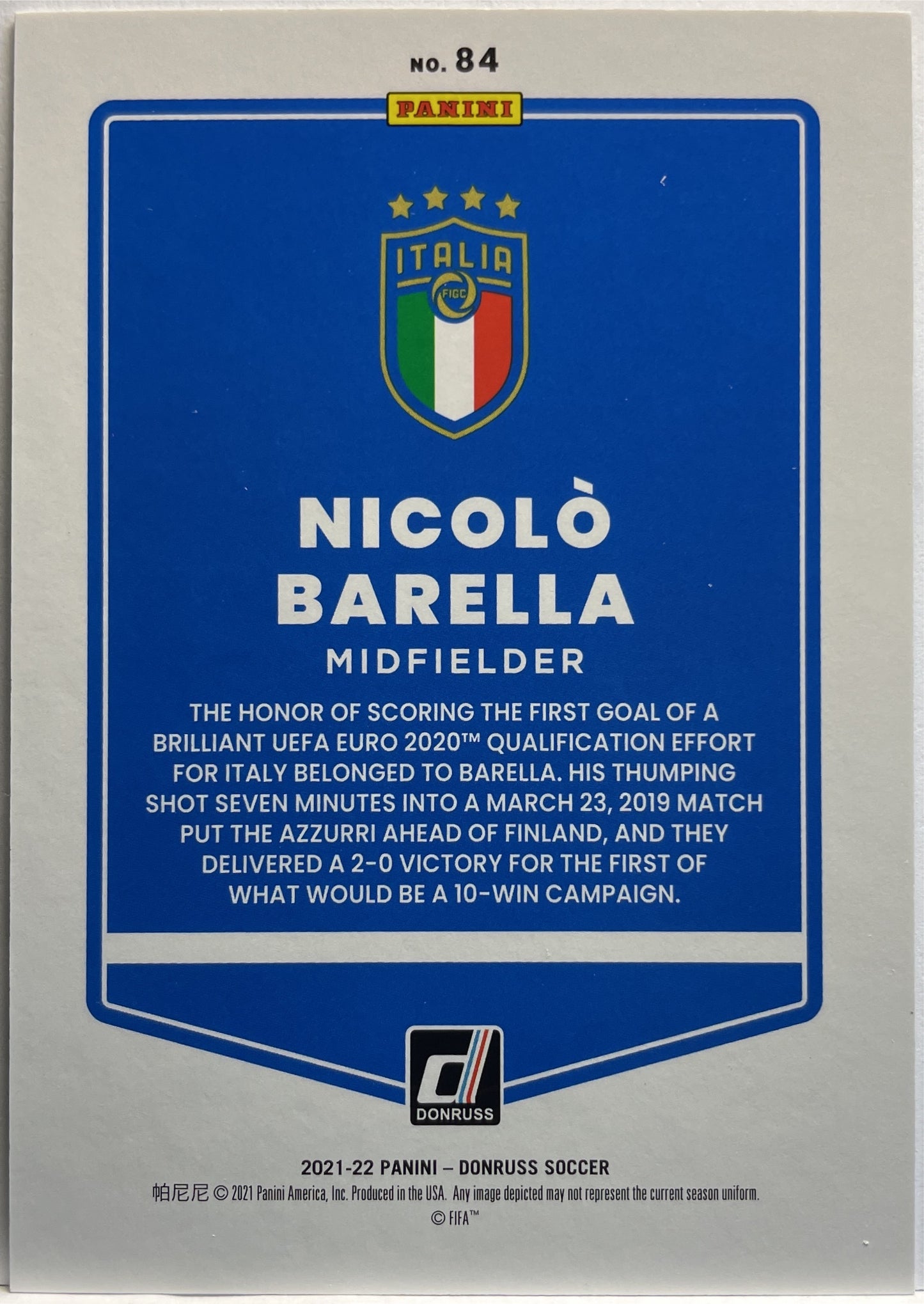 Nicolo Barella 275/349 Press Proof Gold Donruss Road To Qatar 2021/22