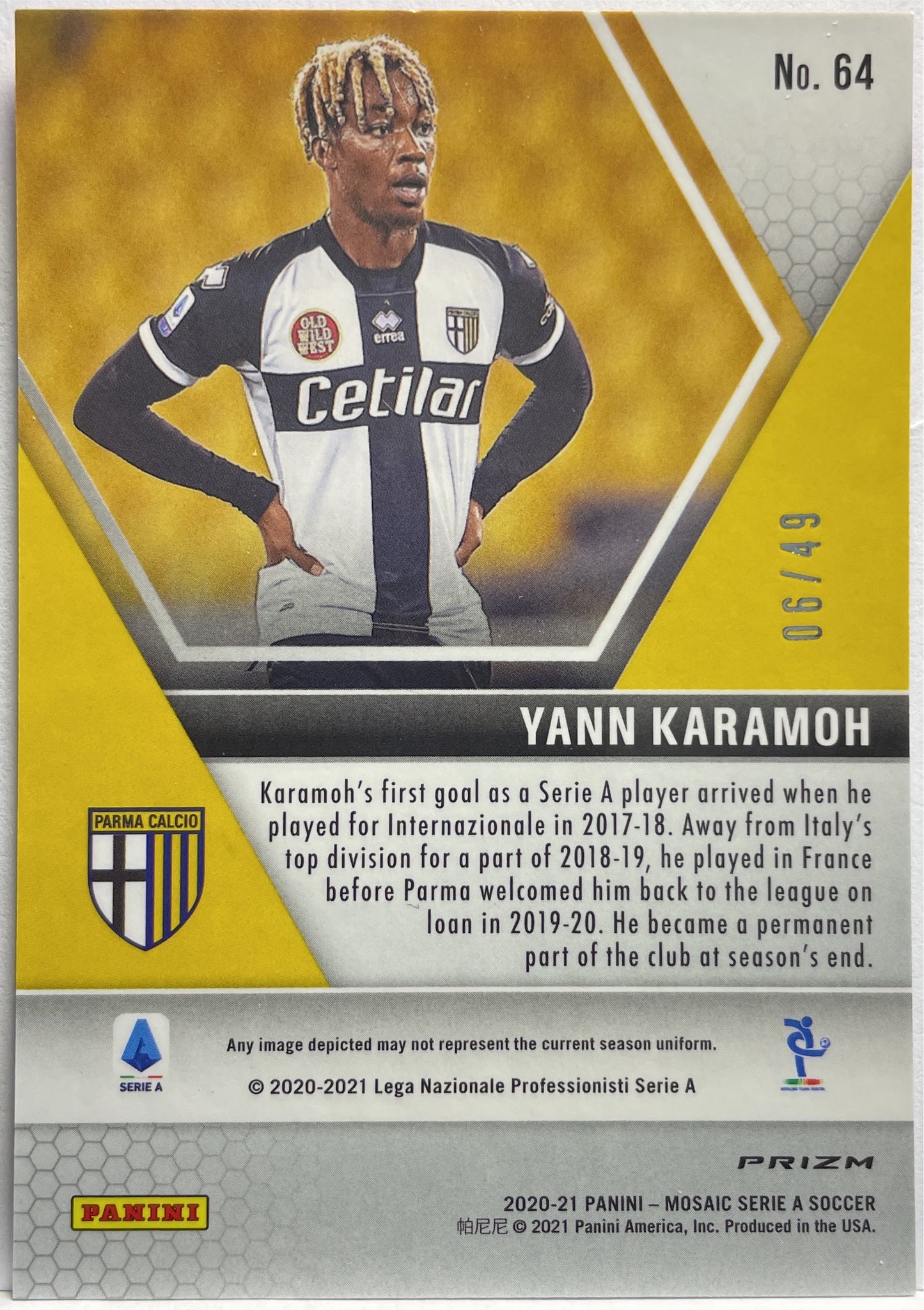 Yann Karamoh 6/49 Rookie Pink Mosaic Serie A 2020/21