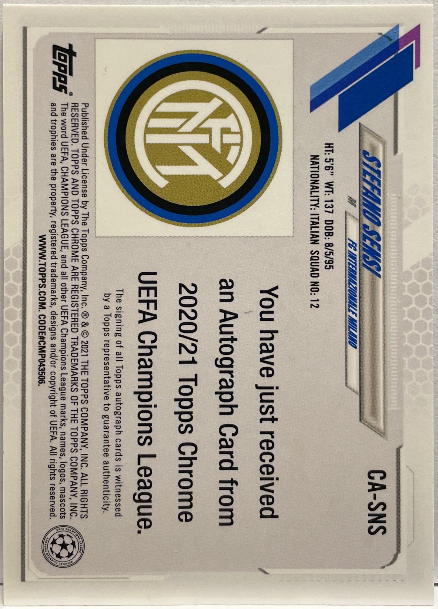 Stefano Sensi Autograph Topps Chrome UCL 2020/21