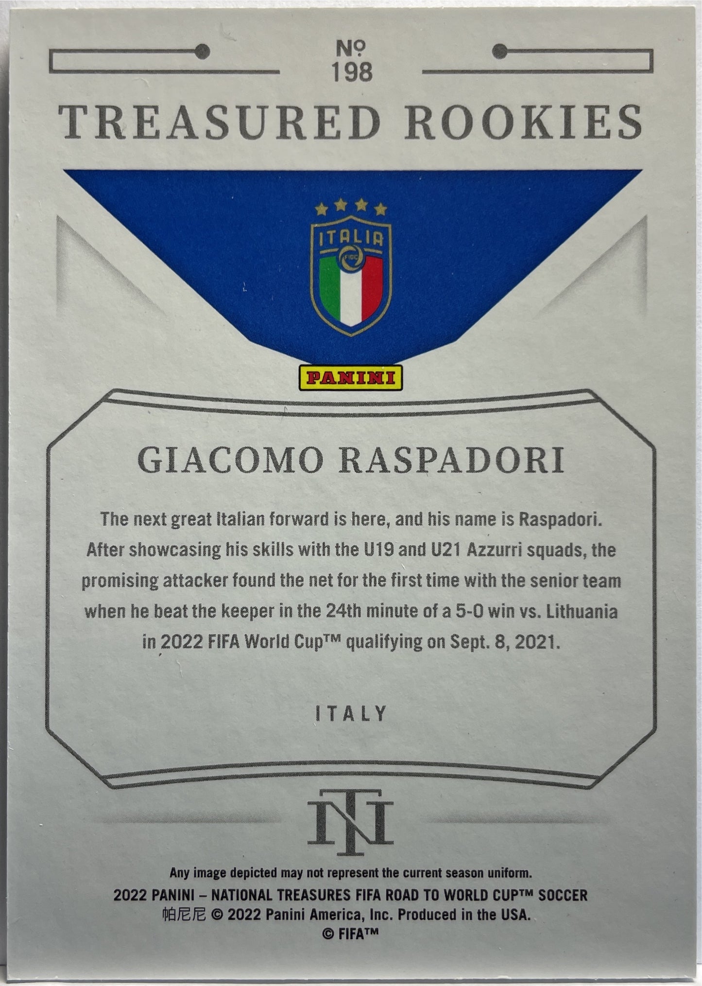 Giacomo Raspadori 61/99 Rookie National Treasured 2021/22