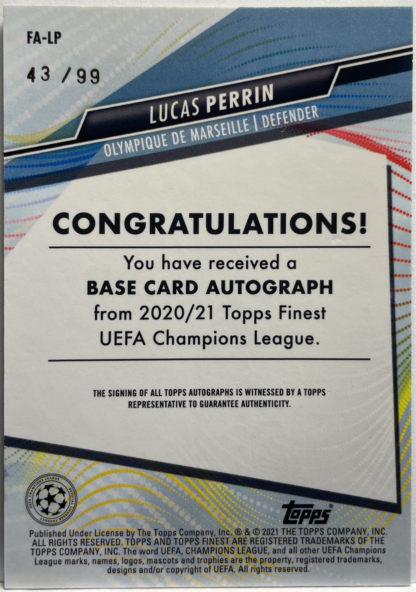 Lucas Perrin 43/99 Rookie Autograph Topps Finest 2020/21