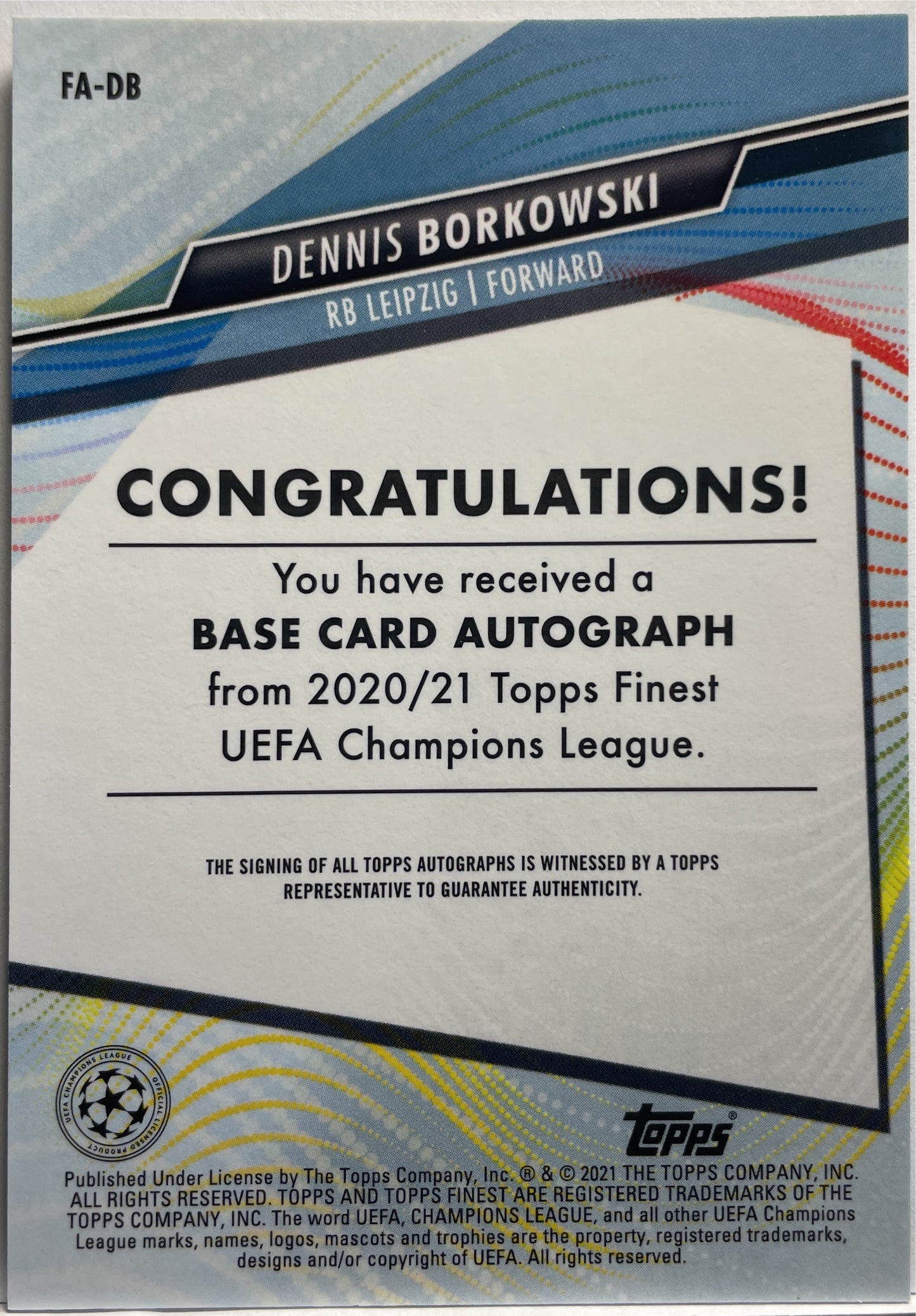 Dennis Borkowski Rookie Autograph Topps Finest 2020/21