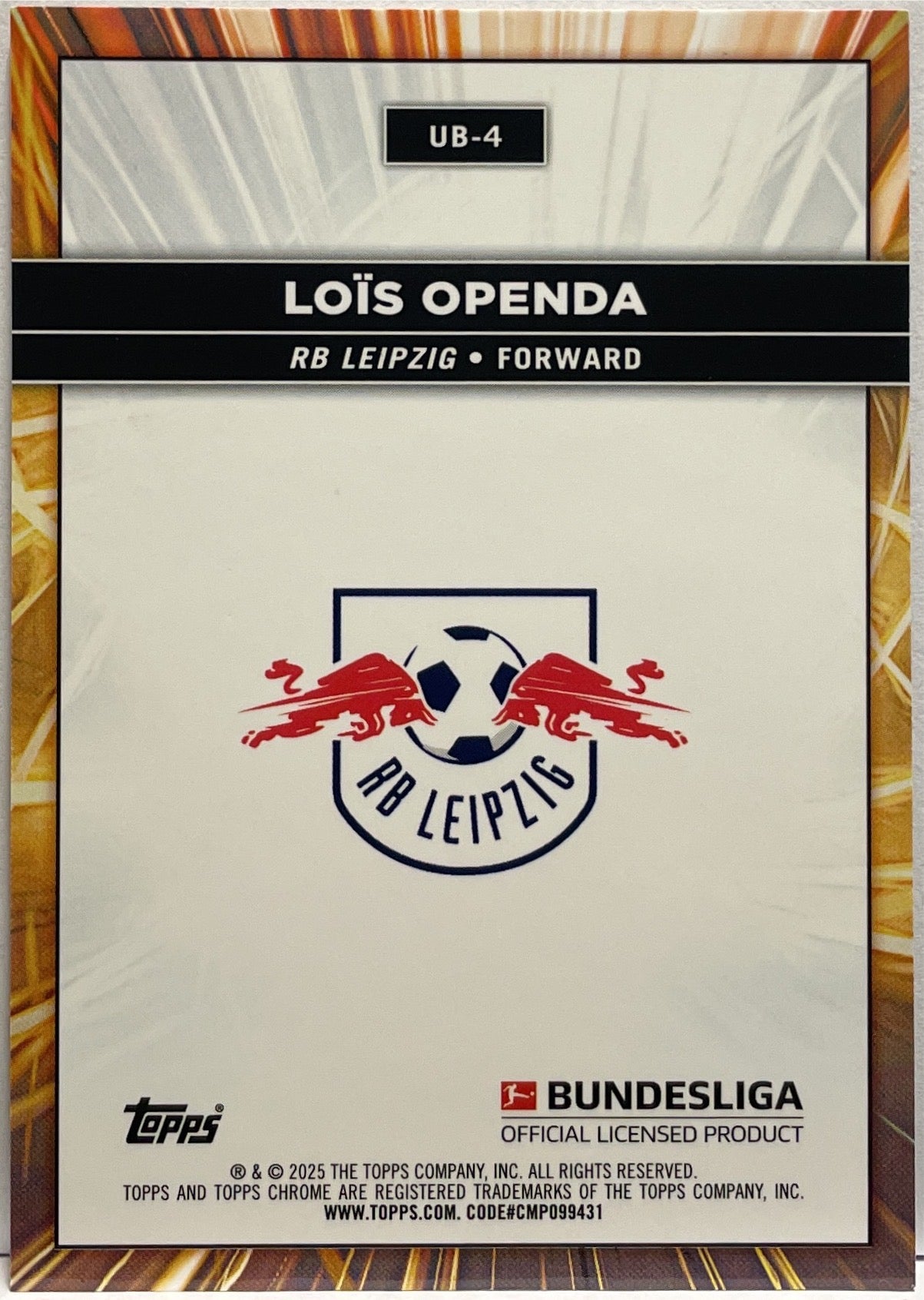 Carte Sportive Topps Chrome Bundesliga Lois Openda /10 - RB Leipzig, édition Ultrabeam Rare 2024-25