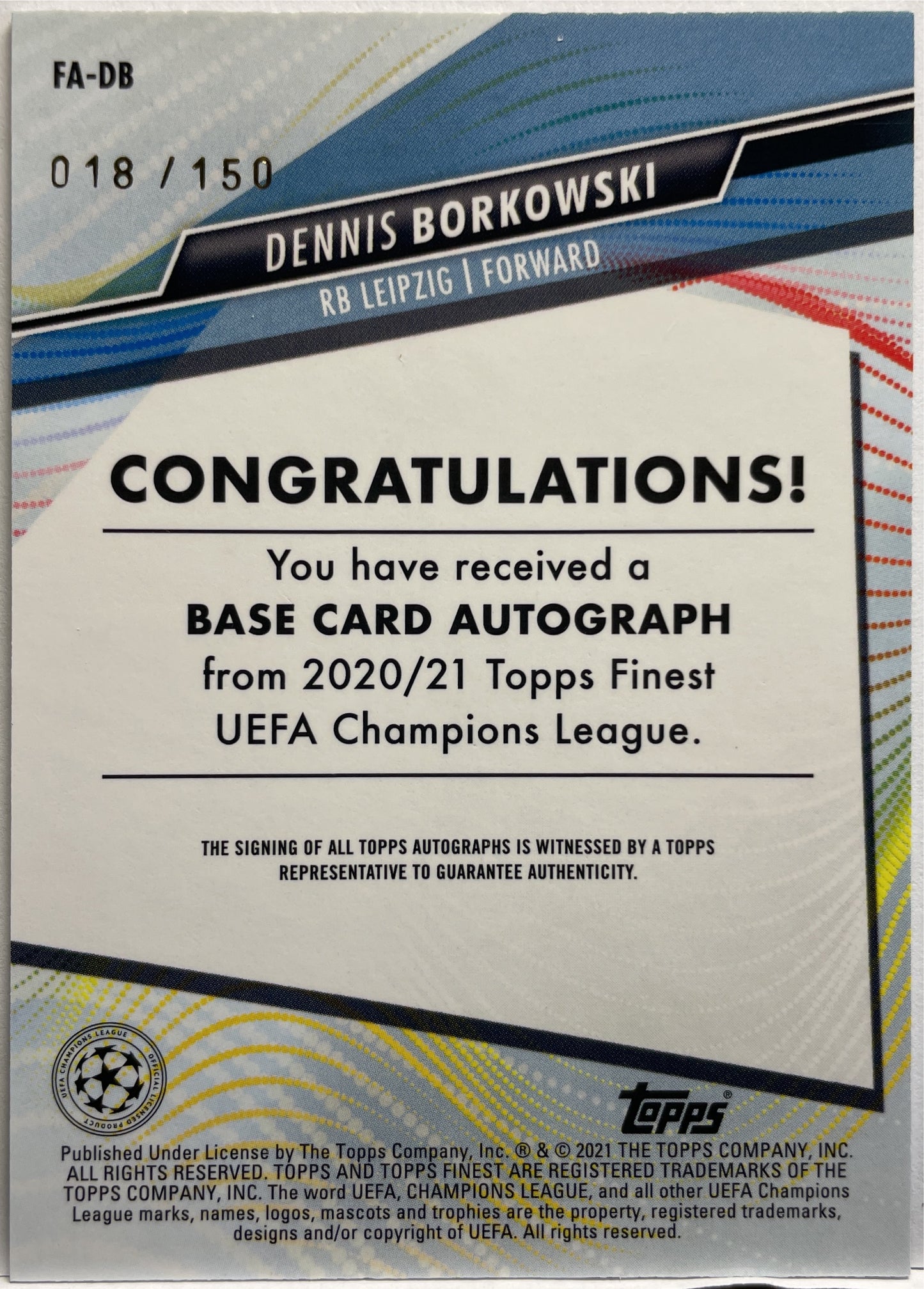 Dennis Borkowski 18/150 Rookie Autograph Topps Finest 2020/21