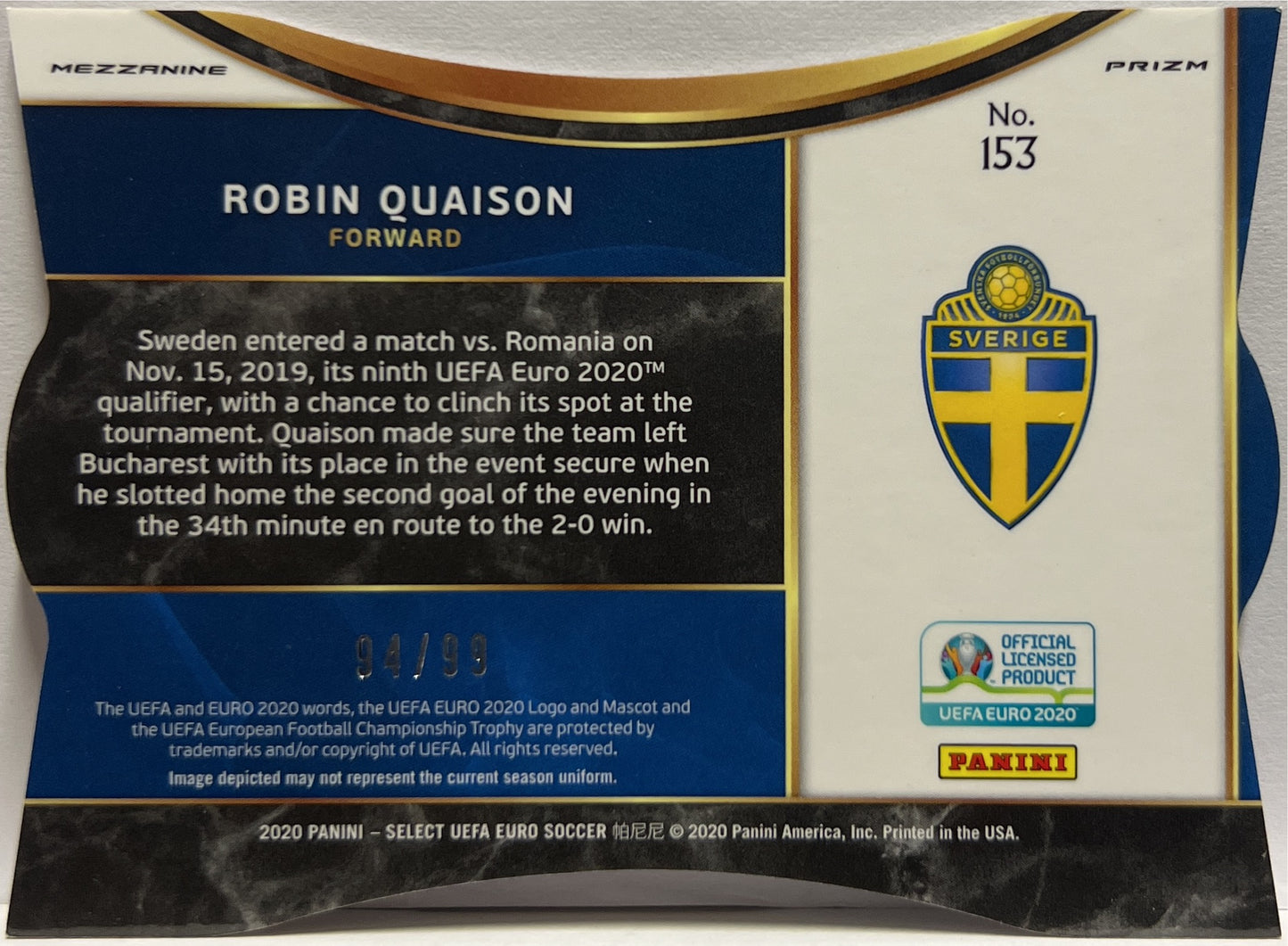Robin Quaison 94/99 Rookie Pink Die Cut Prizm Select Uefa Euro 2020