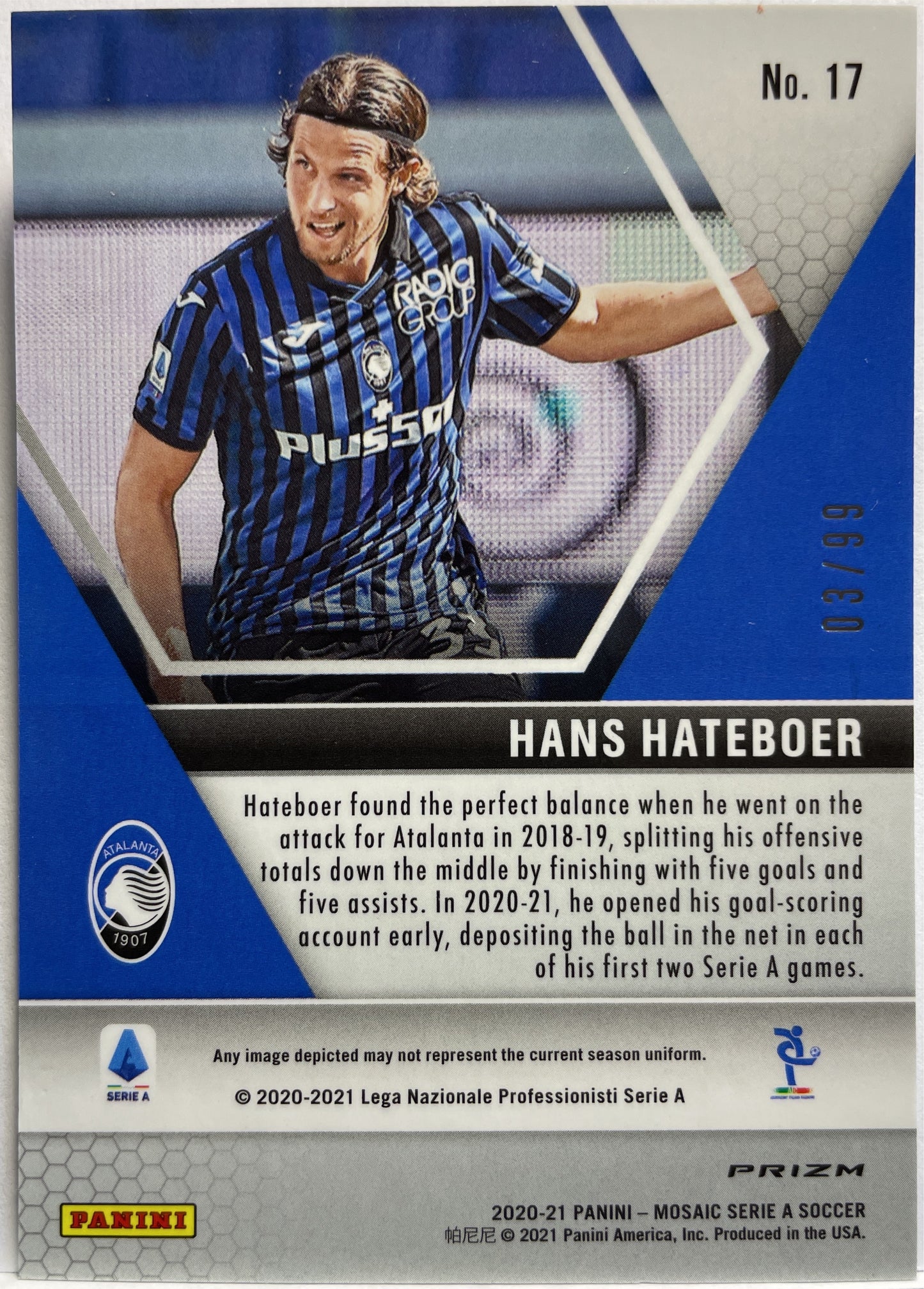 Hans Hateboer 3/99 Rookie Blue Mosaic Serie A 2020/21