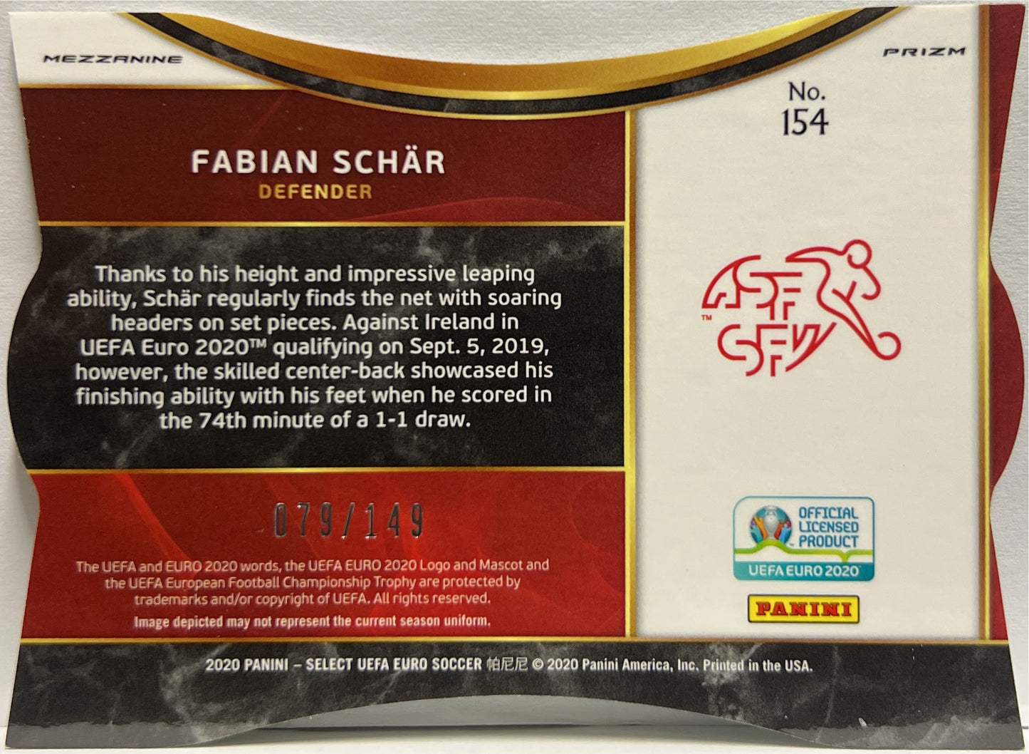 Fabian Schar 79/149 Mezzanine Neon Green Die Cut Prizm Select Uefa Euro 2020