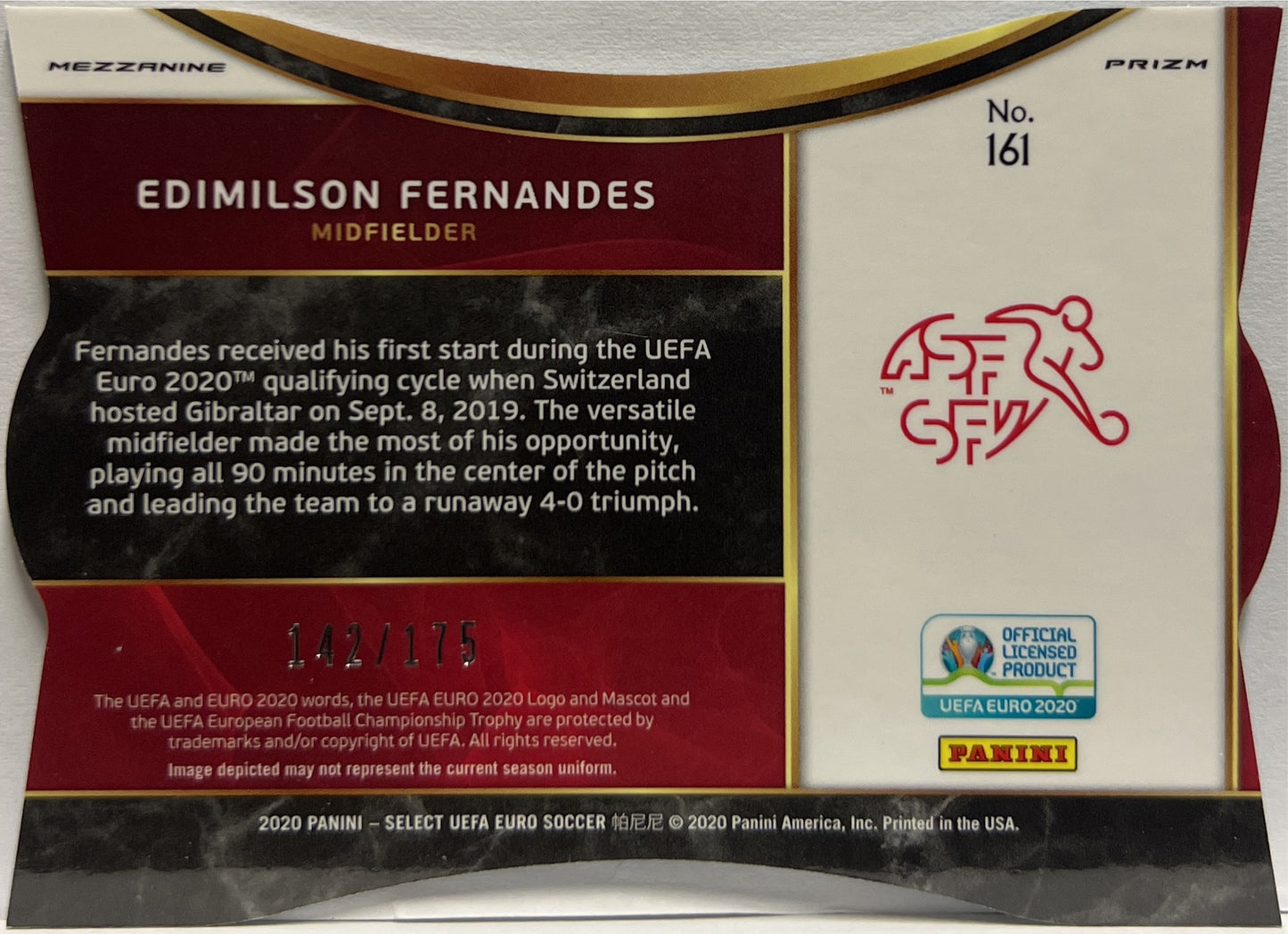 Edimilson Fernandes 142/175 Rookie Mezzanine Light Blue Die Cut Prizm Select Uefa Euro 2020