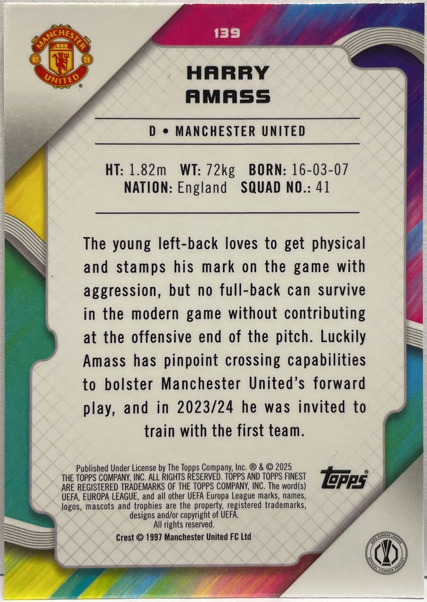 Harry Amass 153/299 Rookie Purple Topps Finest UCC 2024/25