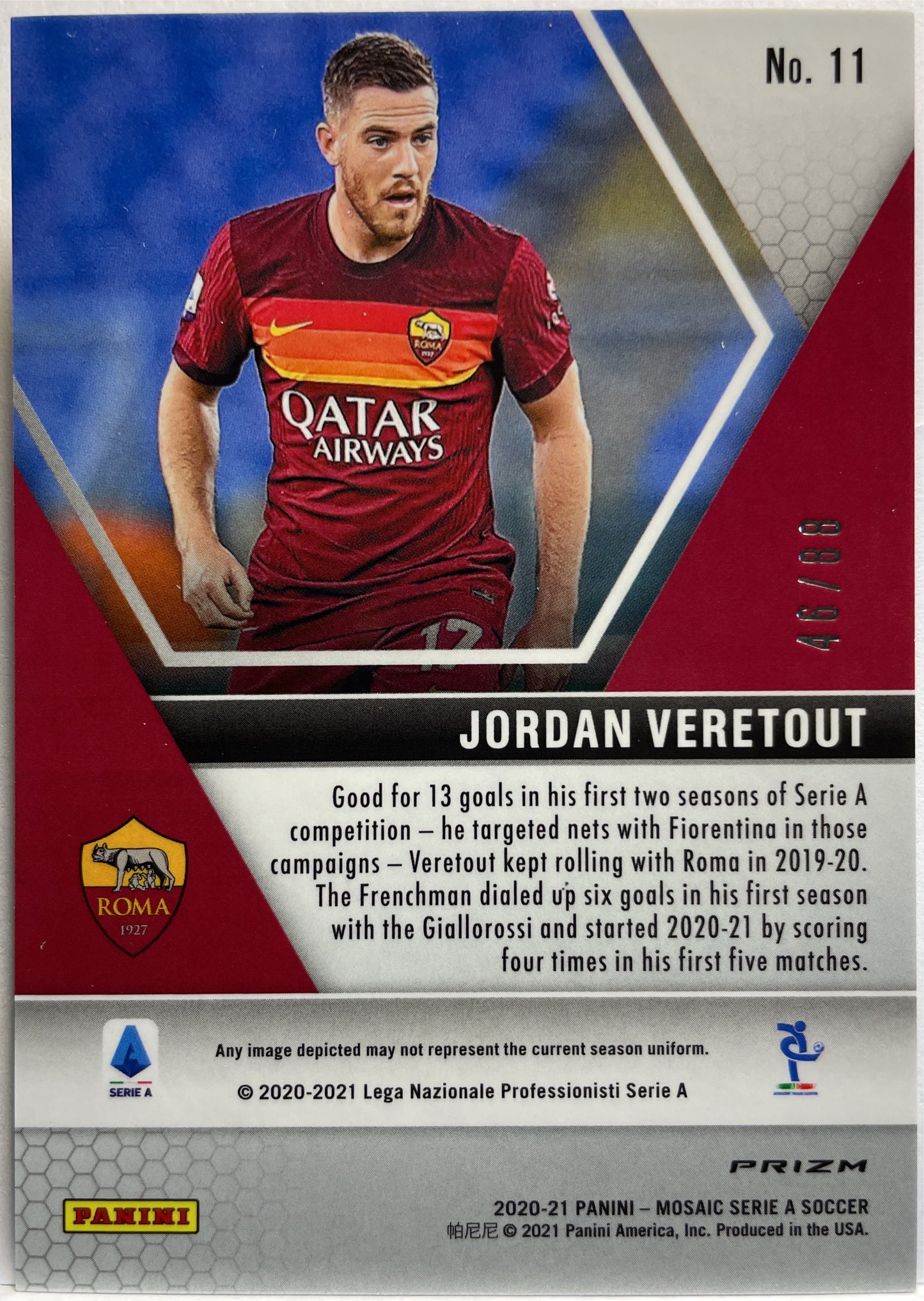 Jordan Veretout 46/88 Rookie Red/Gold Choice T-Mall Mosaic Serie A 2020/21