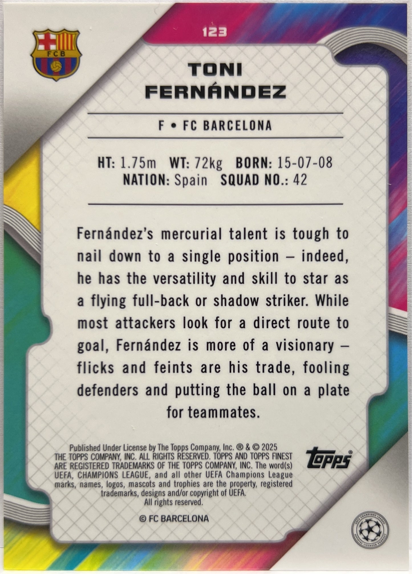 Toni Fernandez 11/75 Rookie Blue Topps Finest UCC 2024/25