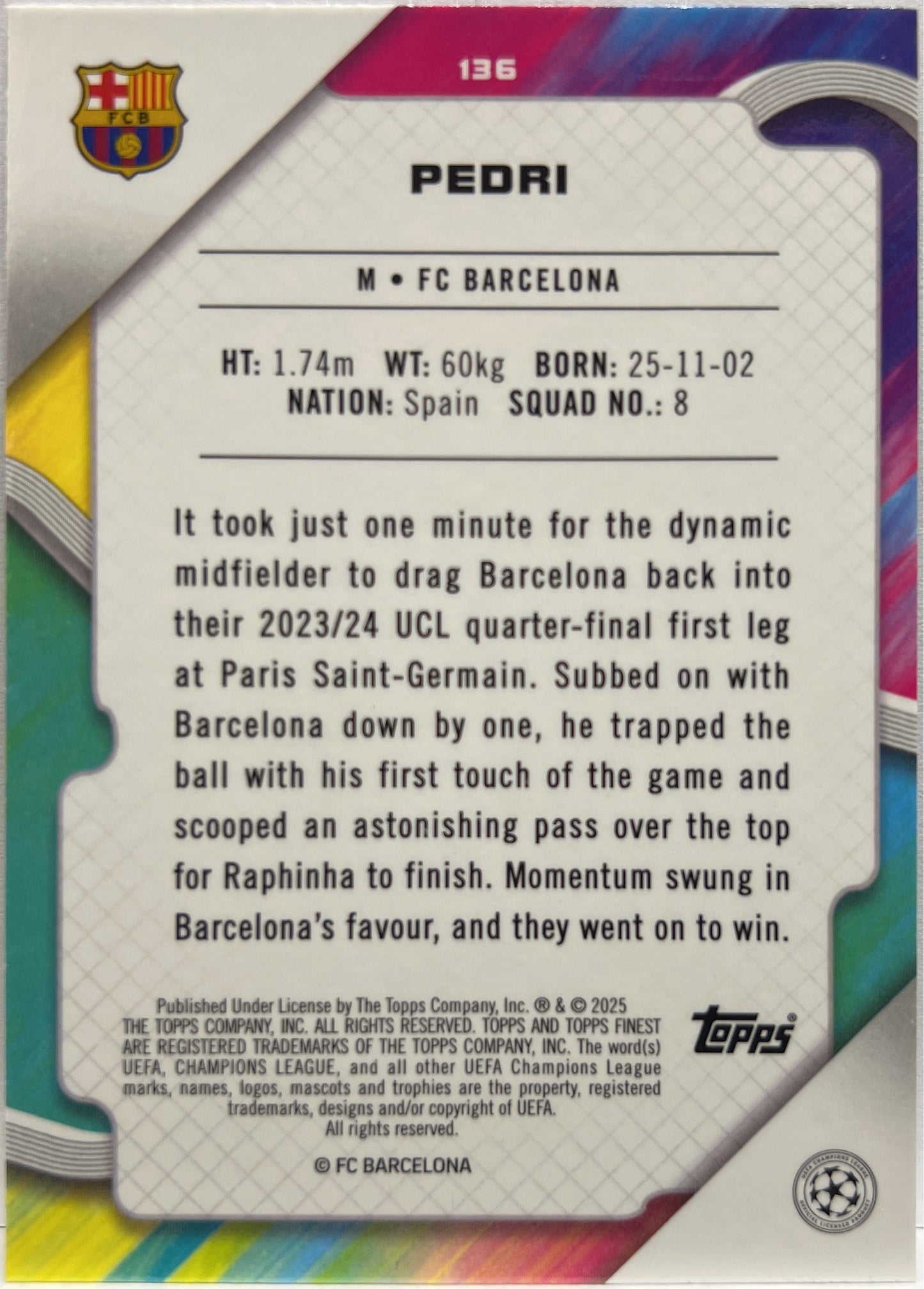 Pedri 65/99 Green Topps Finest UCC 2024/25