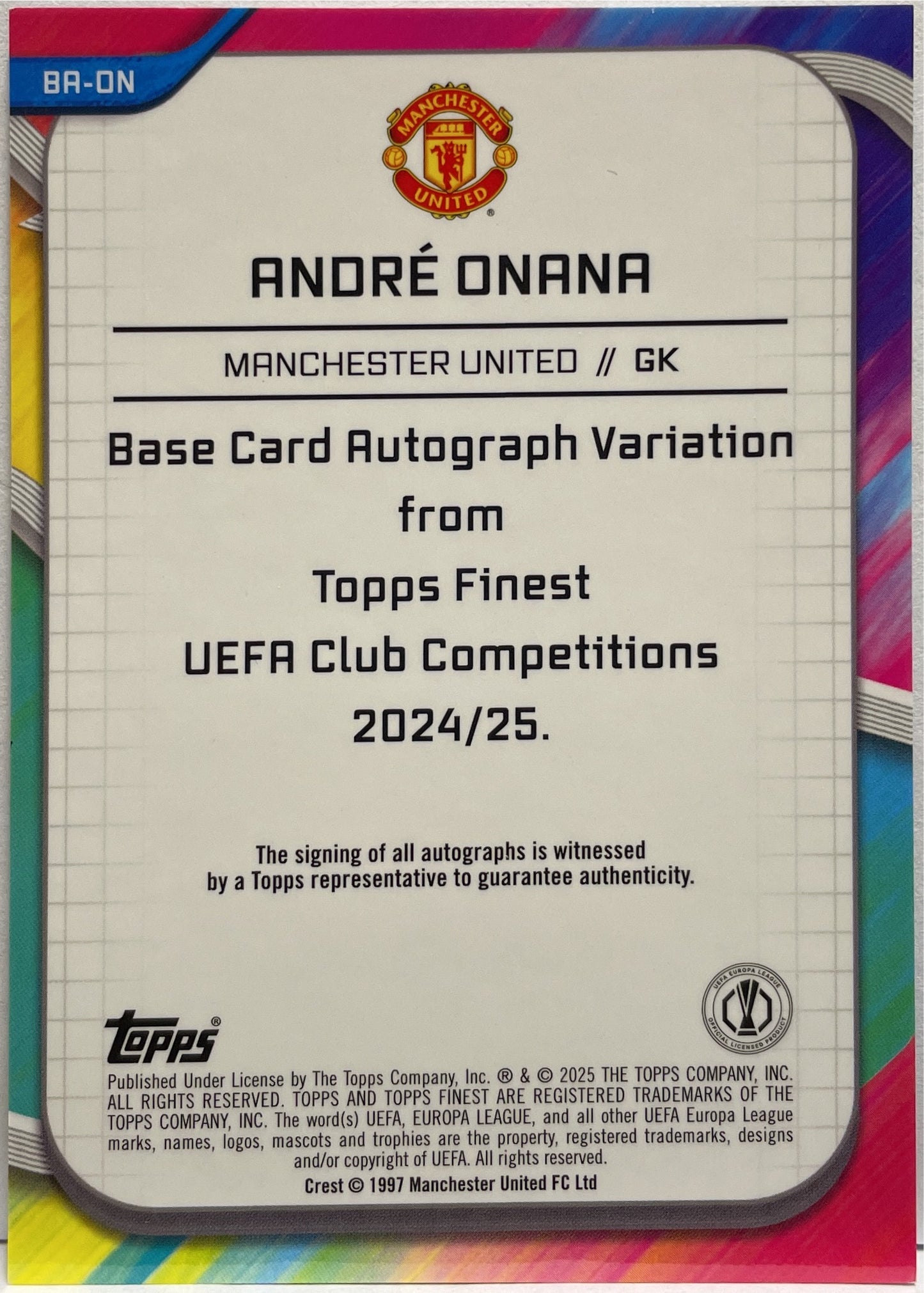 Andre Onana 75/150 Autograph Blue Topps Finest UCC 2024/25