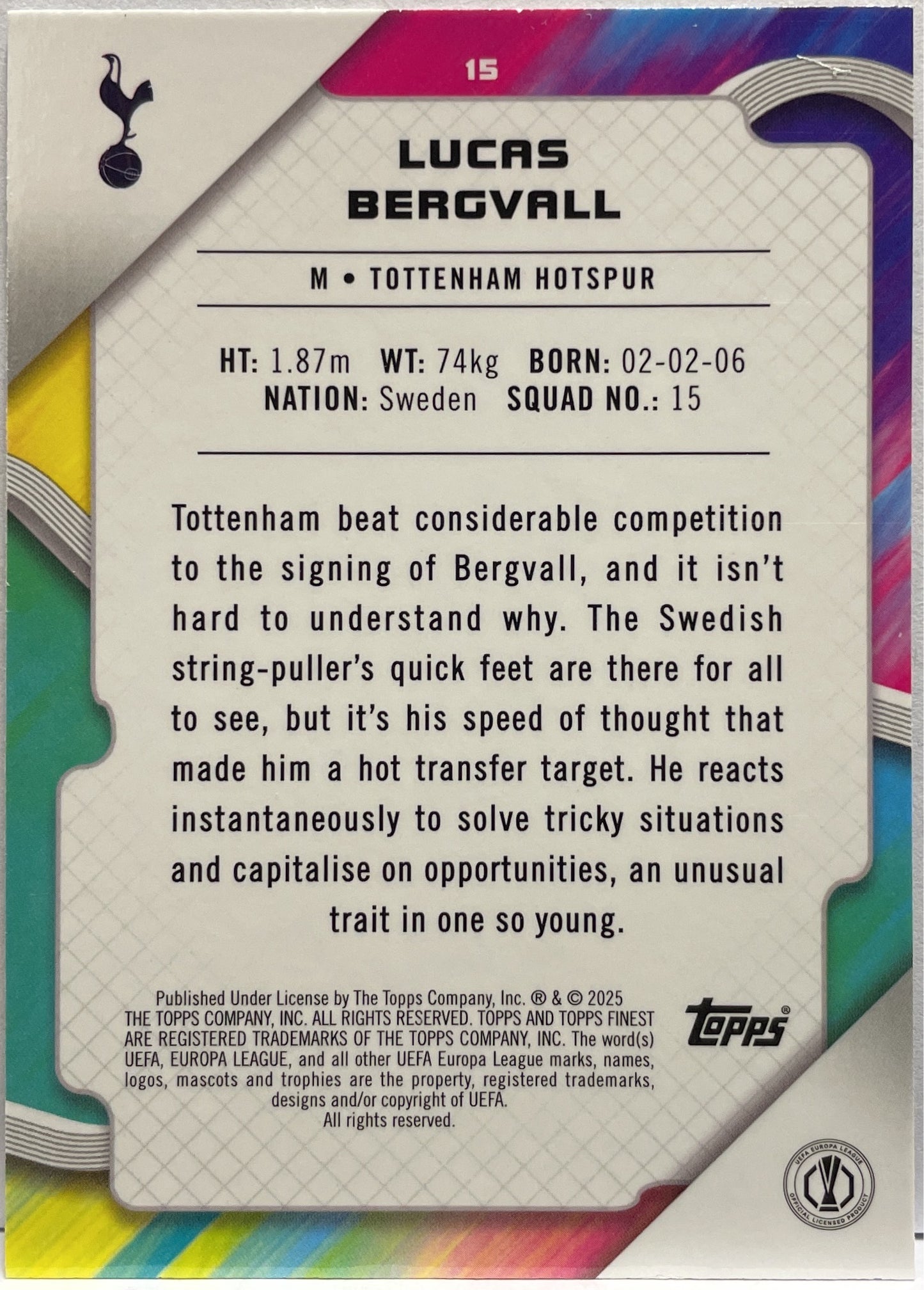 Lucas Bergvall 138/299 Rookie Purple Topps Finest UCC 2024/25