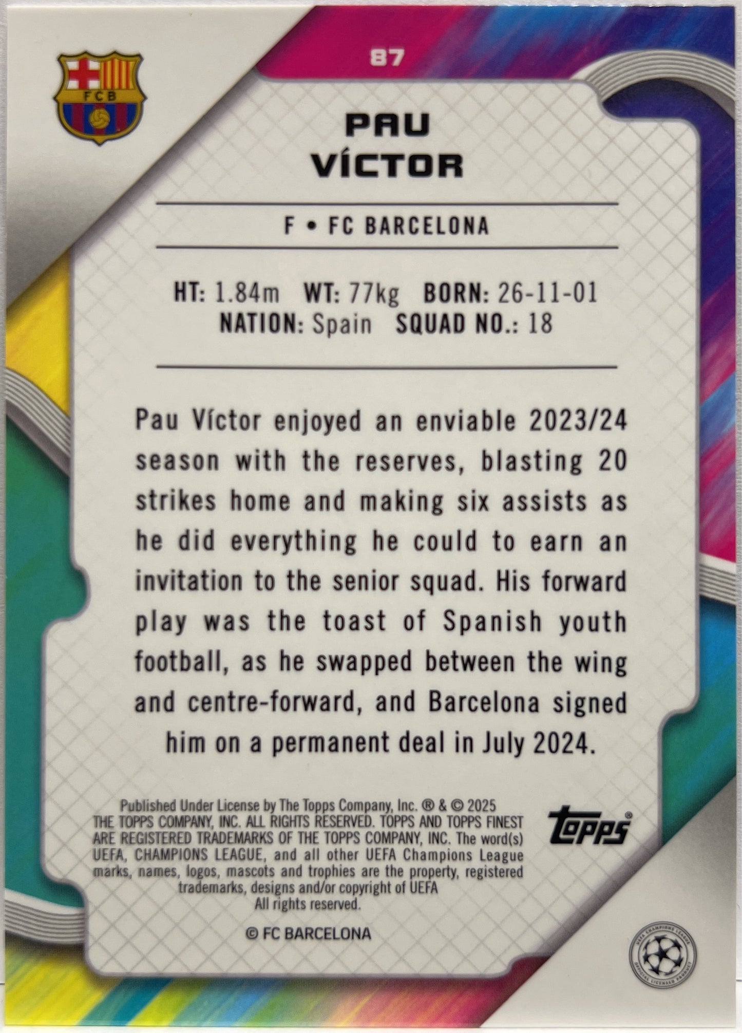 Pau Victor 82/199 Rookie Purple Lava Topps Finest UCC 2024/25