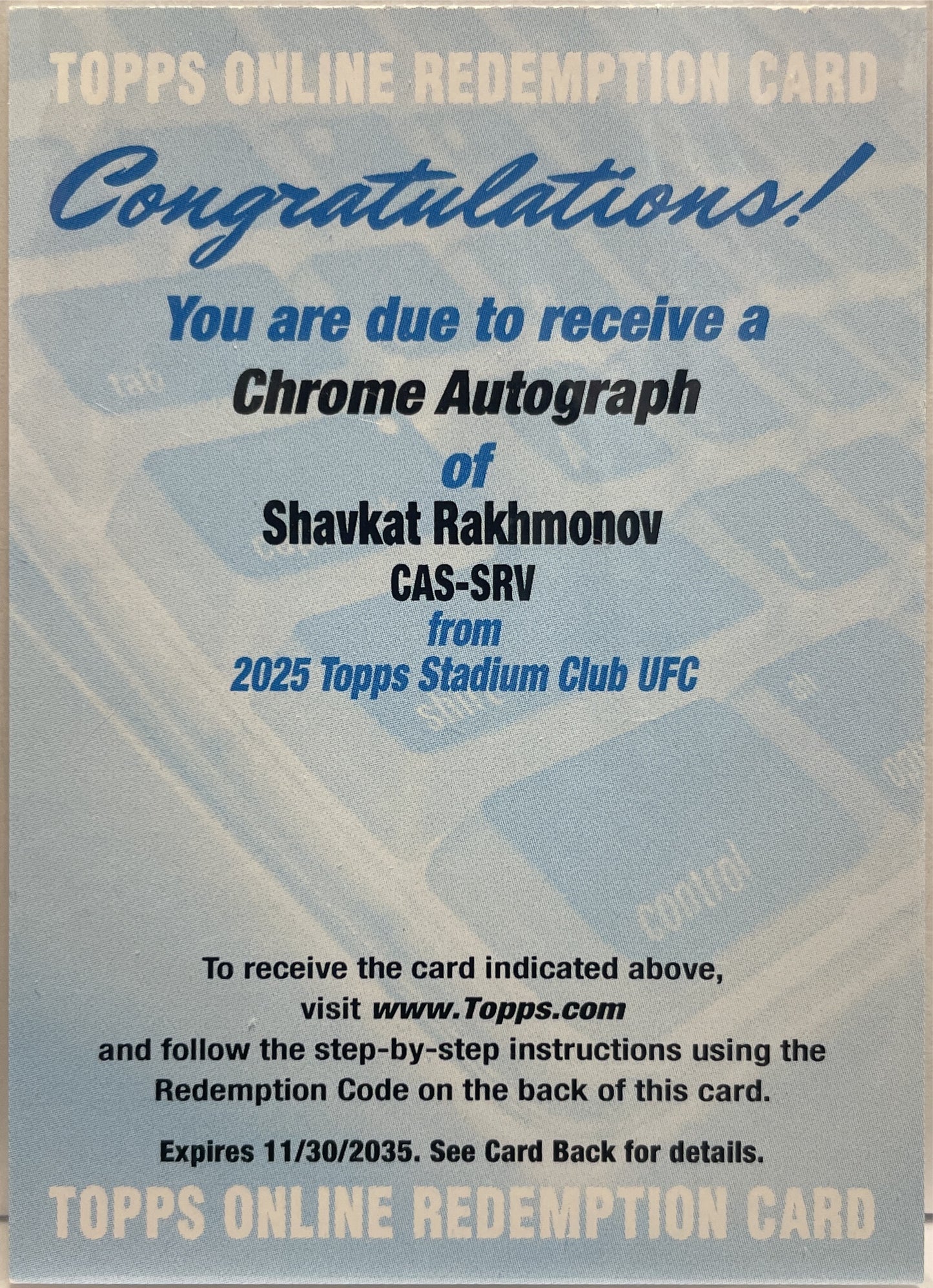 Shvkat Rakhmonov Autograph Redemption Topps Stadium UFC 2025