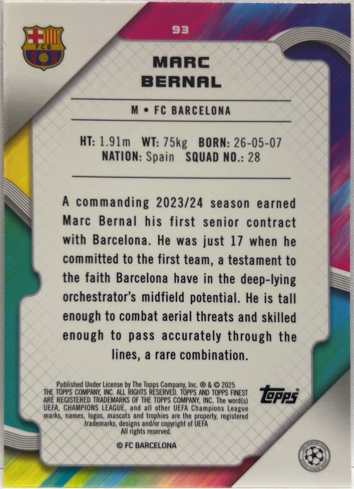 Marc Bernal 219/275 Rookie Sky Blue Topps Finest UCC 2024/25