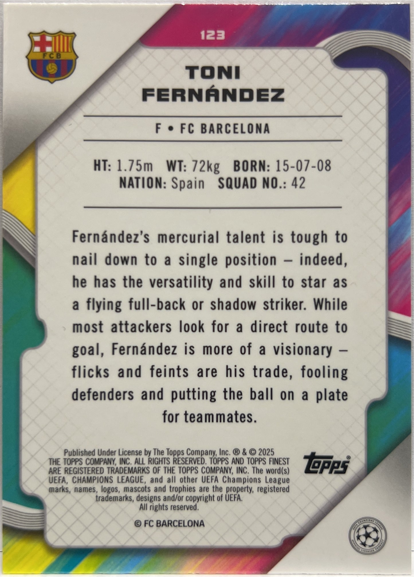 Toni Fernandez 222/275 Rookie Sky Blue Topps Finest UCC 2024/25