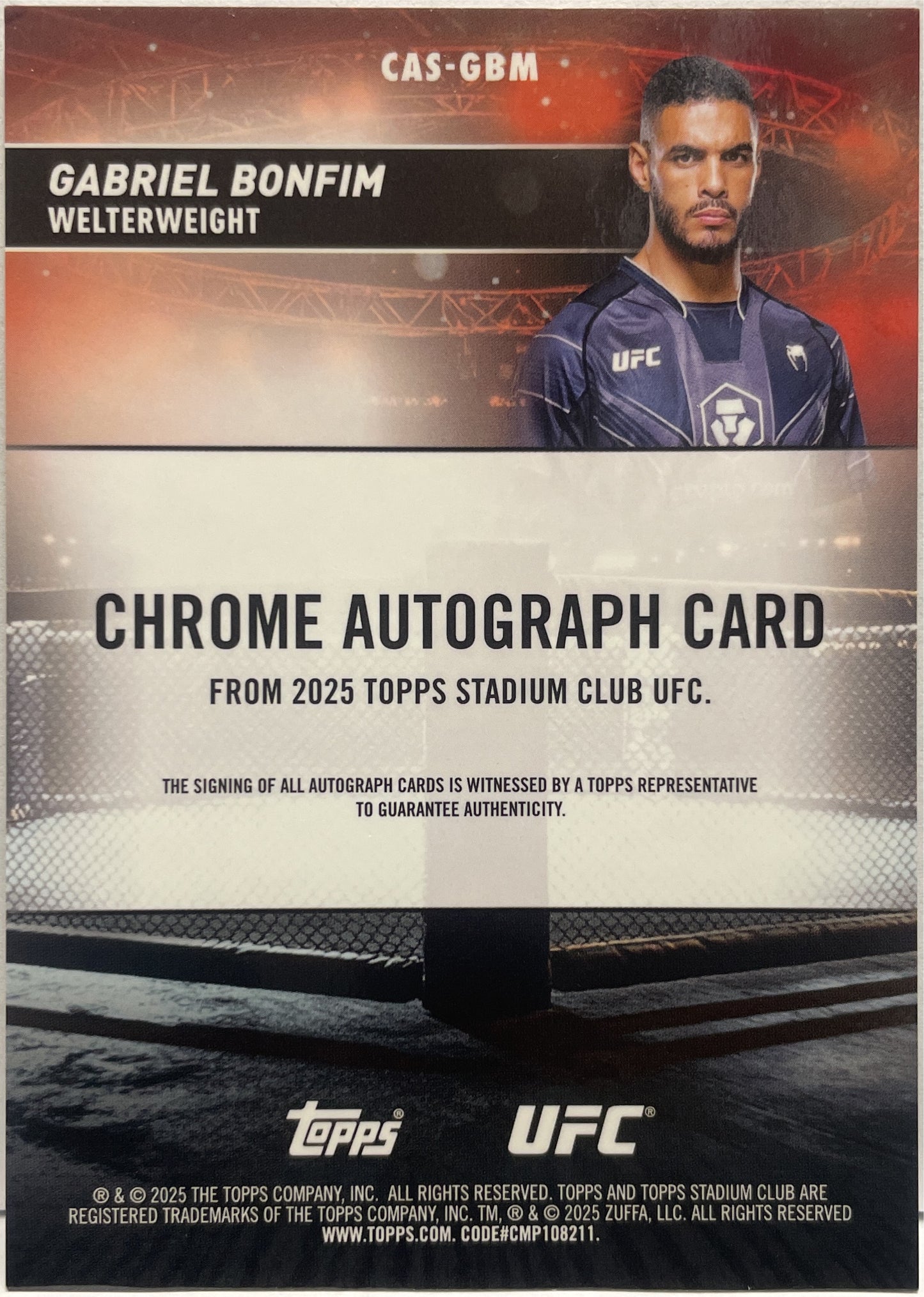Gabriel Bonfim Rookie Autograph On Card Chrome Topps Stadium UFC 2025