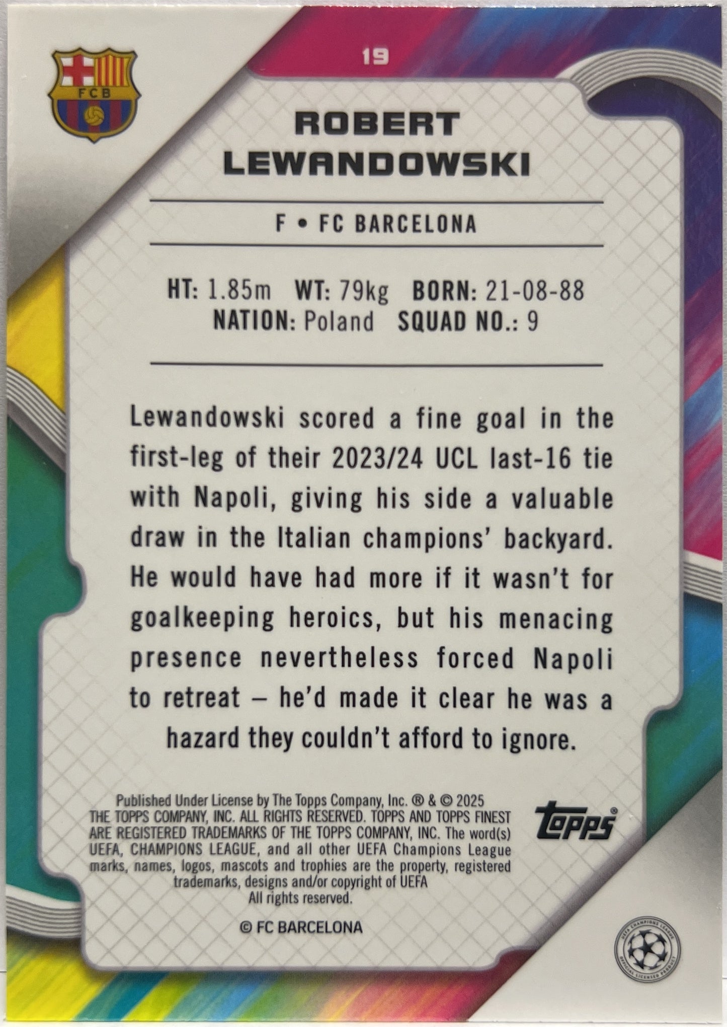 Robert Lewandovski 178/275 Sky Blue Topps Finest UCC 2024/25
