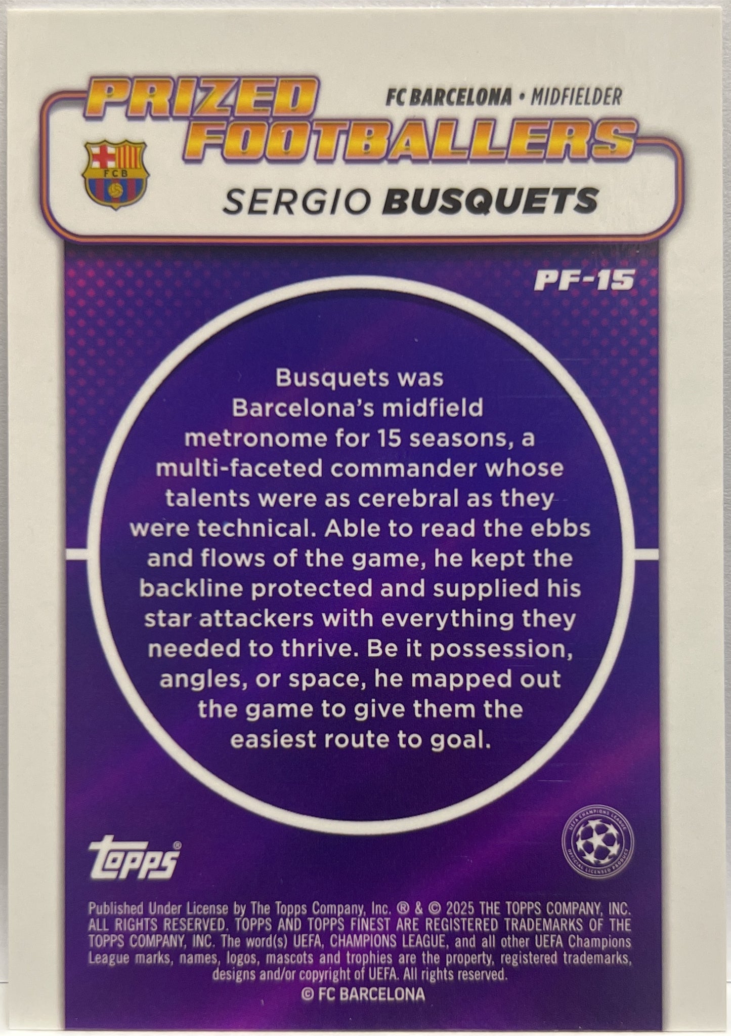 Sergio Busquets 102/299 Prized Footballers Purple Topps Finest UCC 2024/25