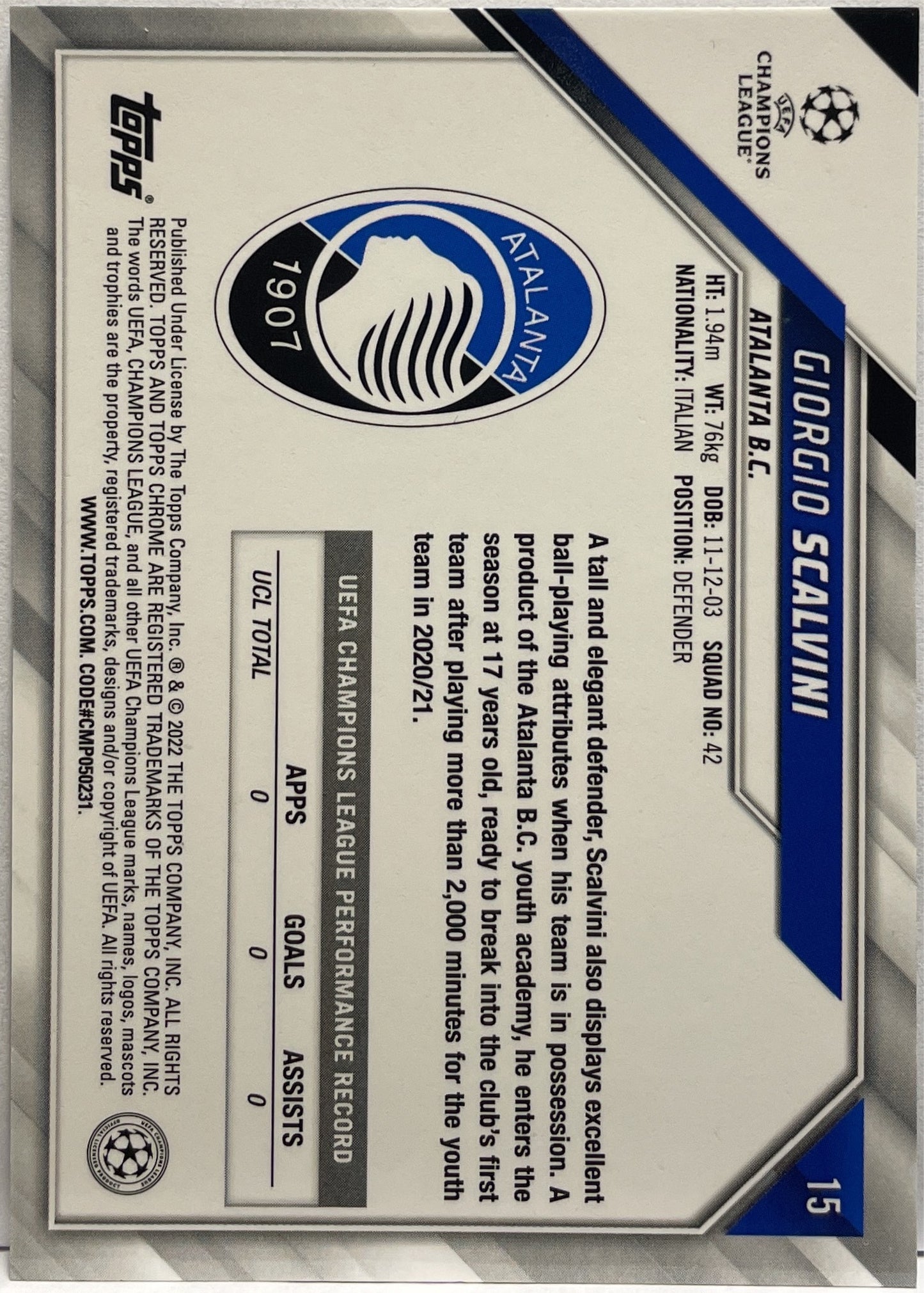 Giorgio Scalvini Rookie Blue Lava Topps Chrome UCL 2021/22
