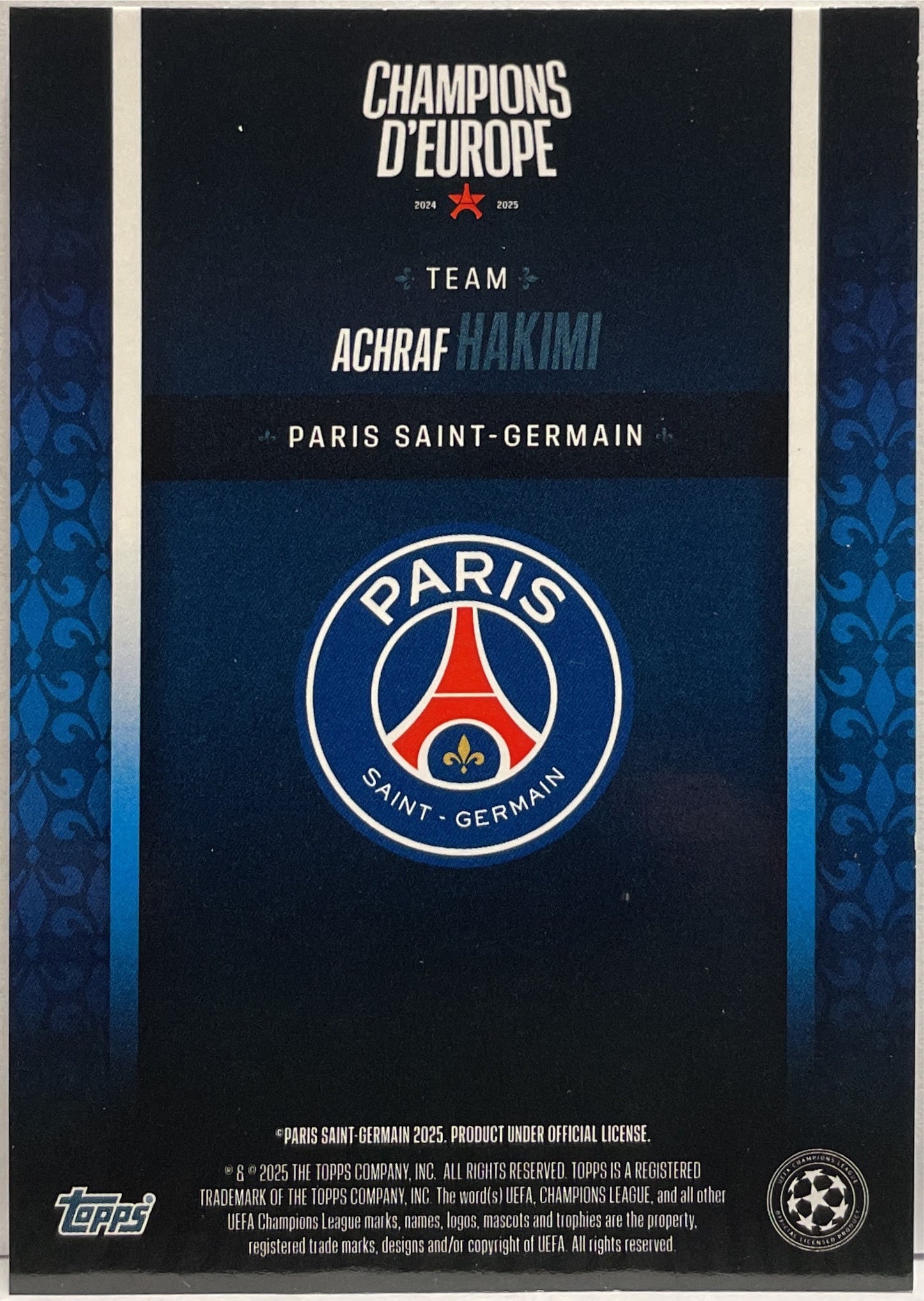 Achraf Hakimi 4/99 Blue Topps PSG Champion D'Europe 2024/25