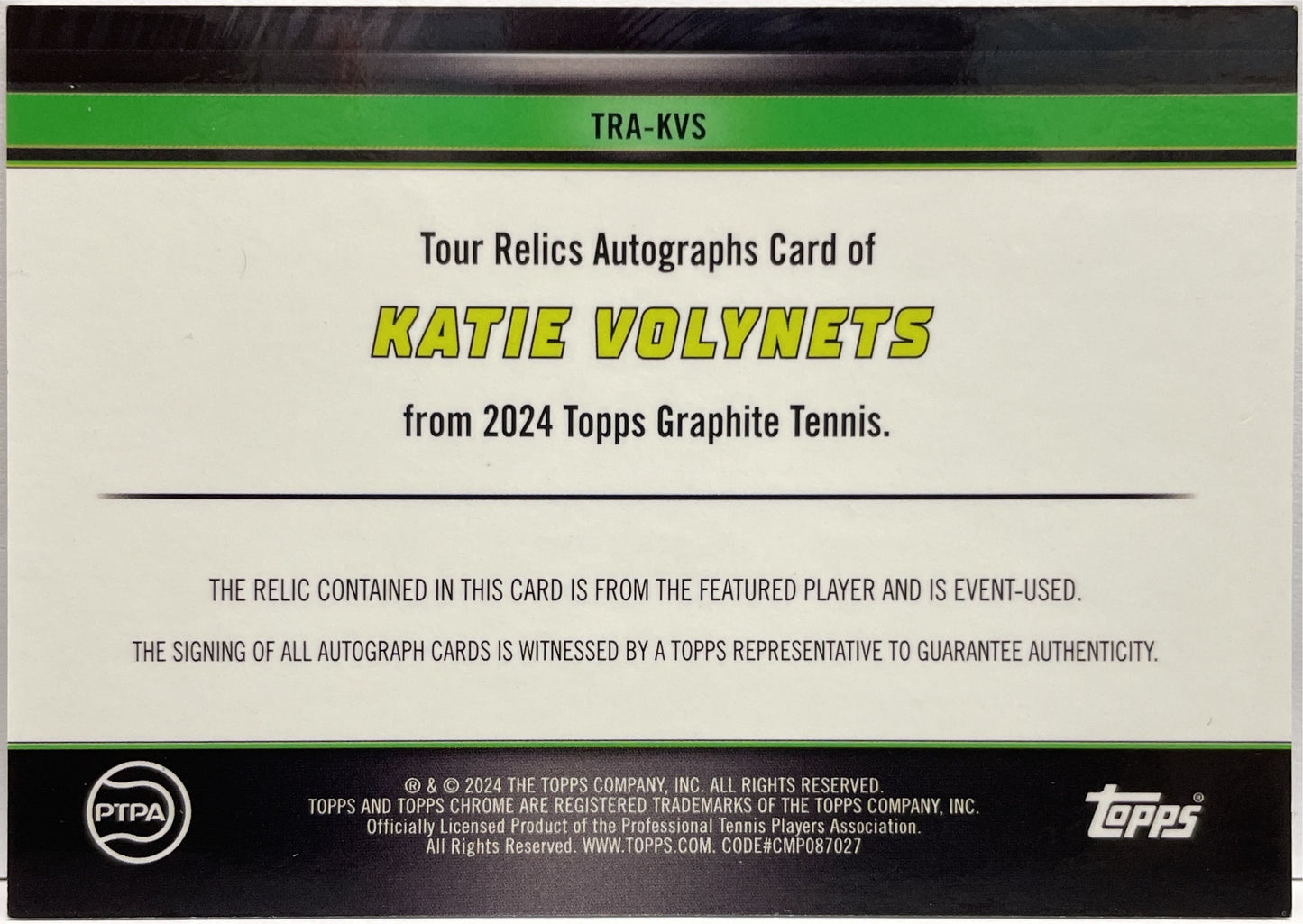 Katie Volynets 30/50 Patch Autograph Tour Relic Topps Tennis Graphite 2024