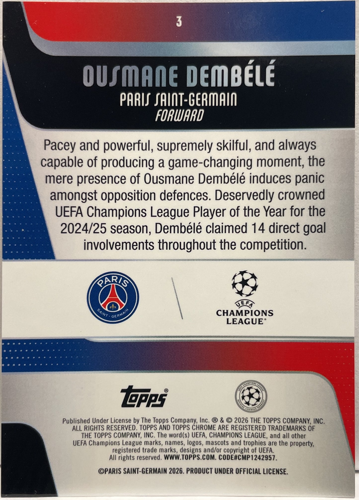Ousmane Dembele 168/250 Pink Geometric Topps Chrome UCC 2025/26
